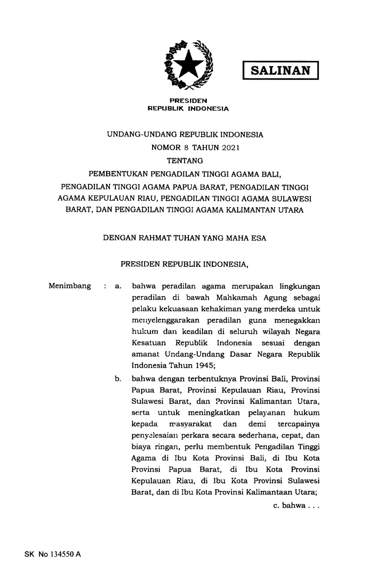 Undang-Undang Nomor 8 Tahun 2021