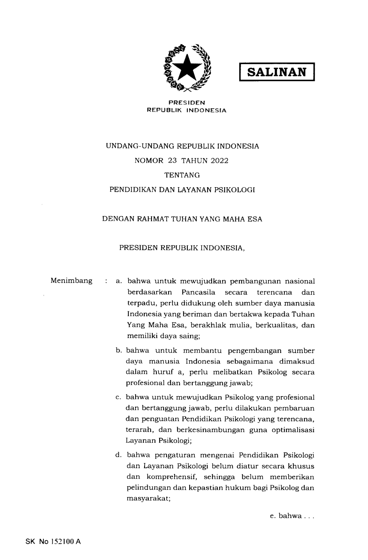 Undang-Undang Nomor 23 Tahun 2022