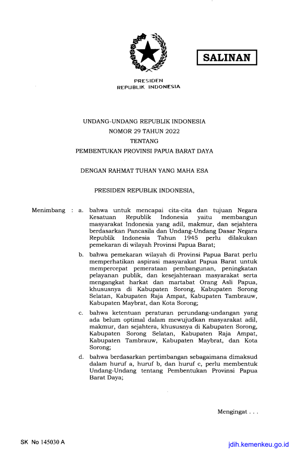 Undang-Undang Nomor 29 Tahun 2022