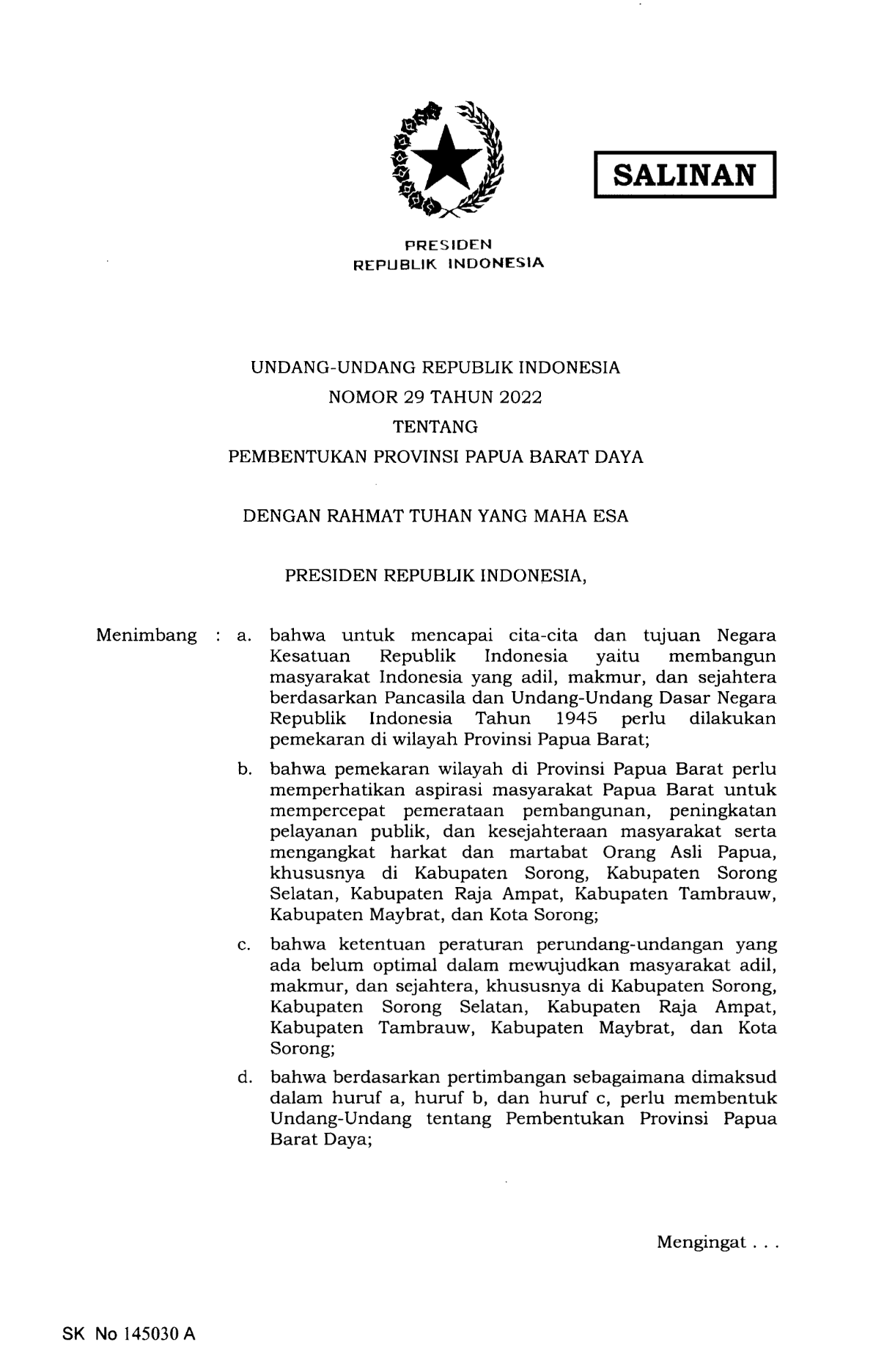 Undang-Undang Nomor 29 Tahun 2022