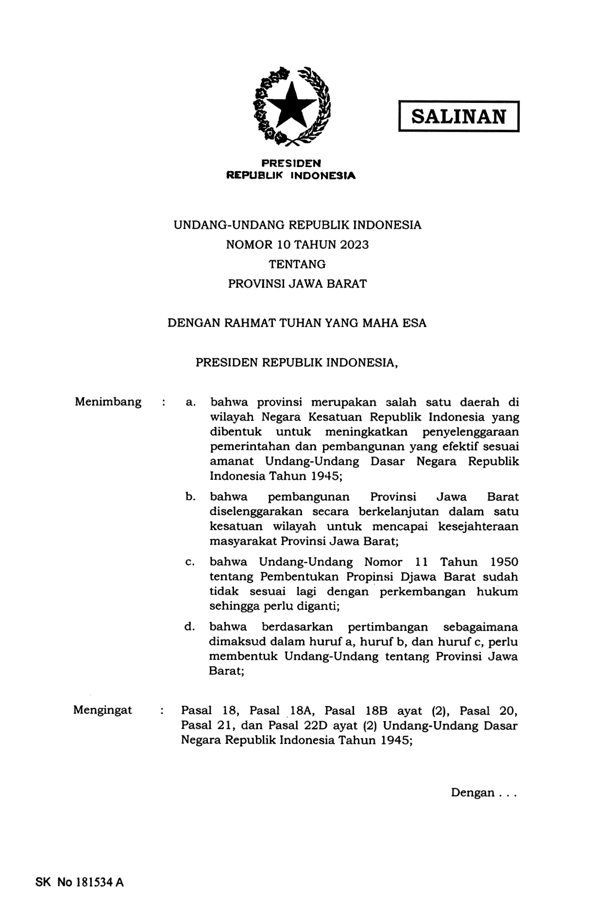 Undang-Undang Nomor 10 Tahun 2023