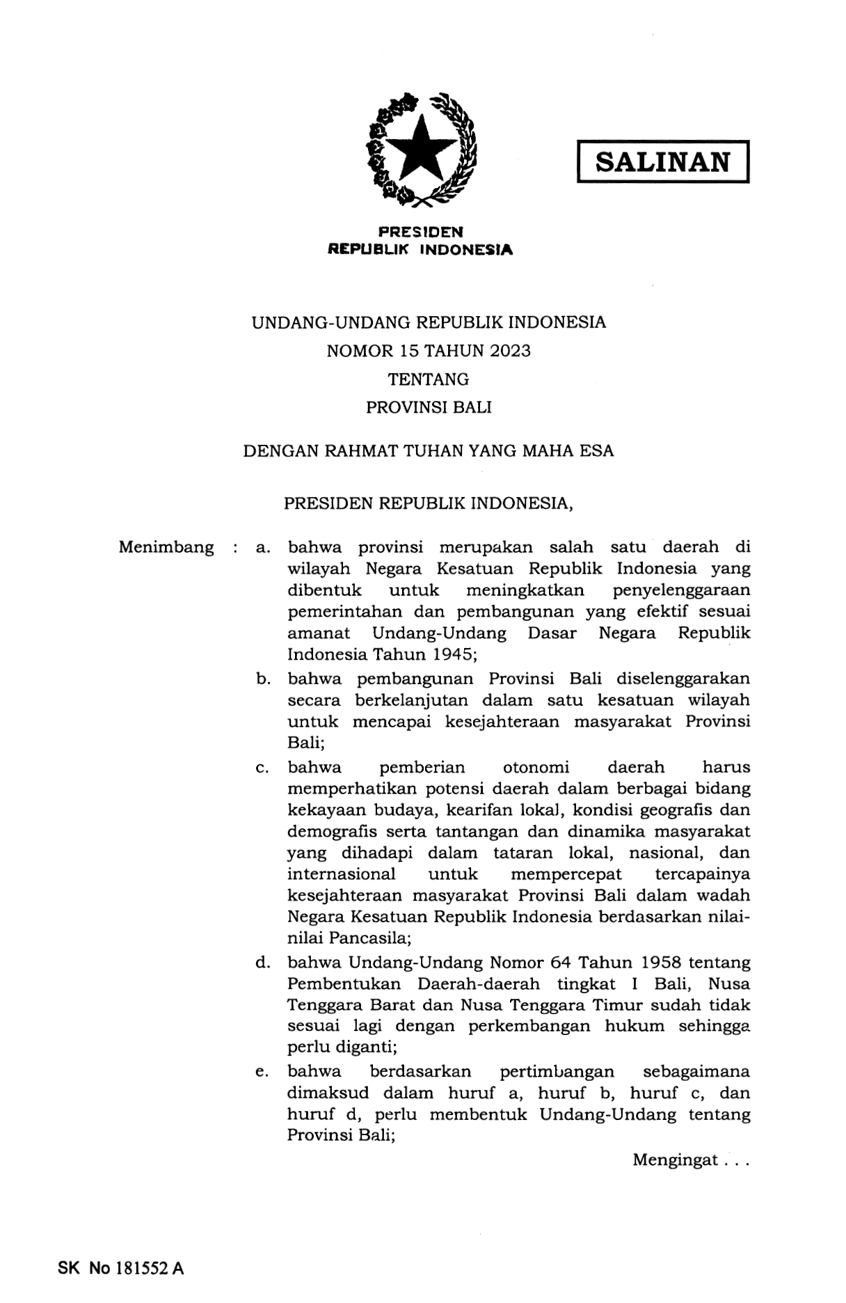 Undang-Undang Nomor 15 Tahun 2023