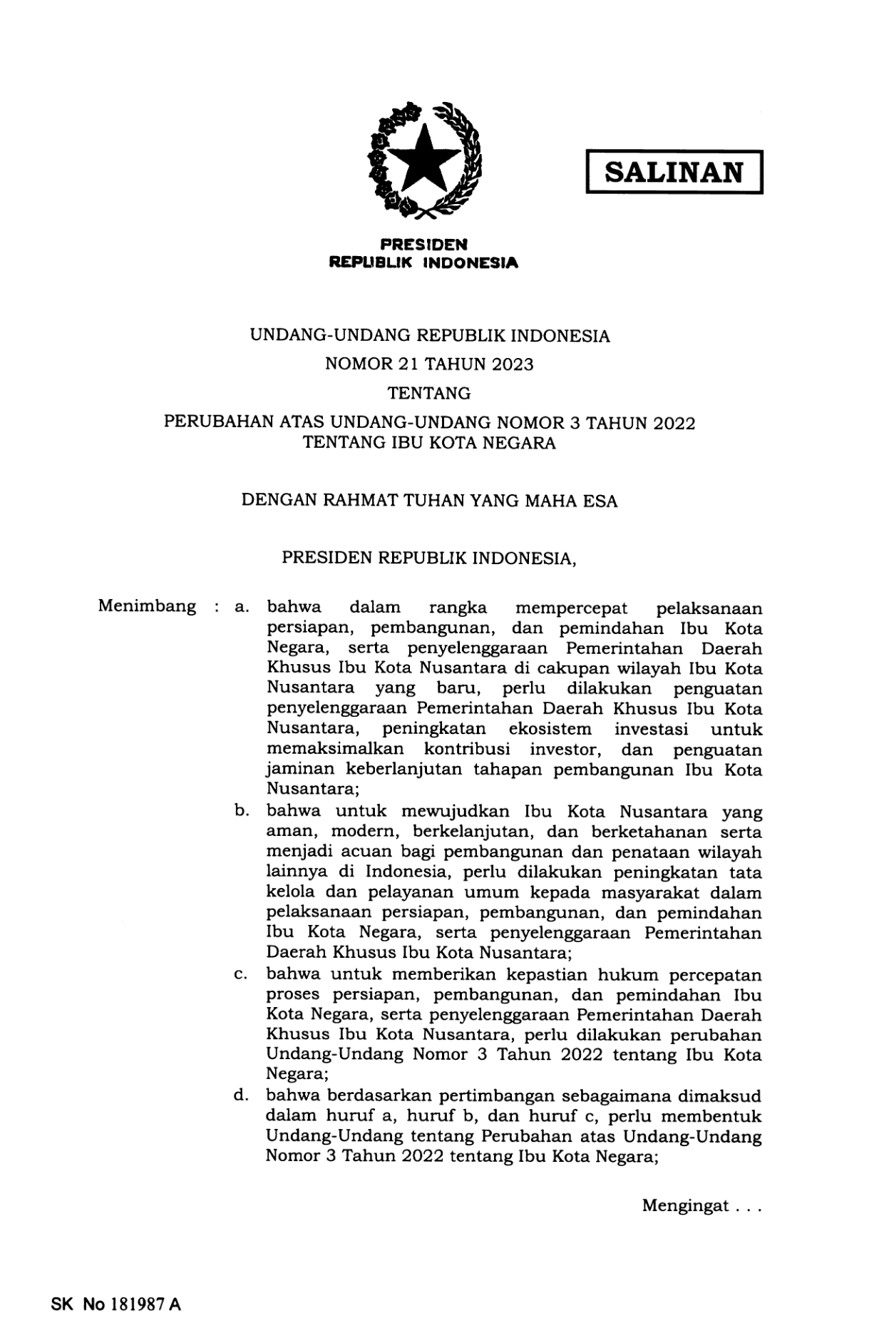 Undang-Undang Nomor 21 Tahun 2023