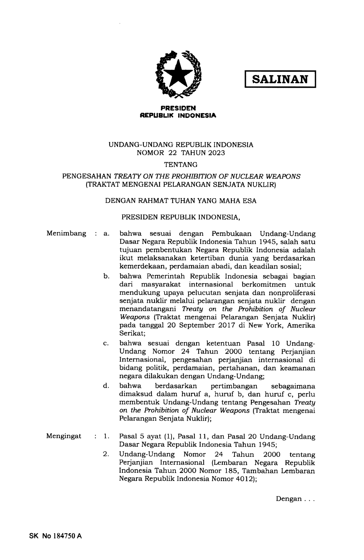 Undang-Undang Nomor 22 Tahun 2023