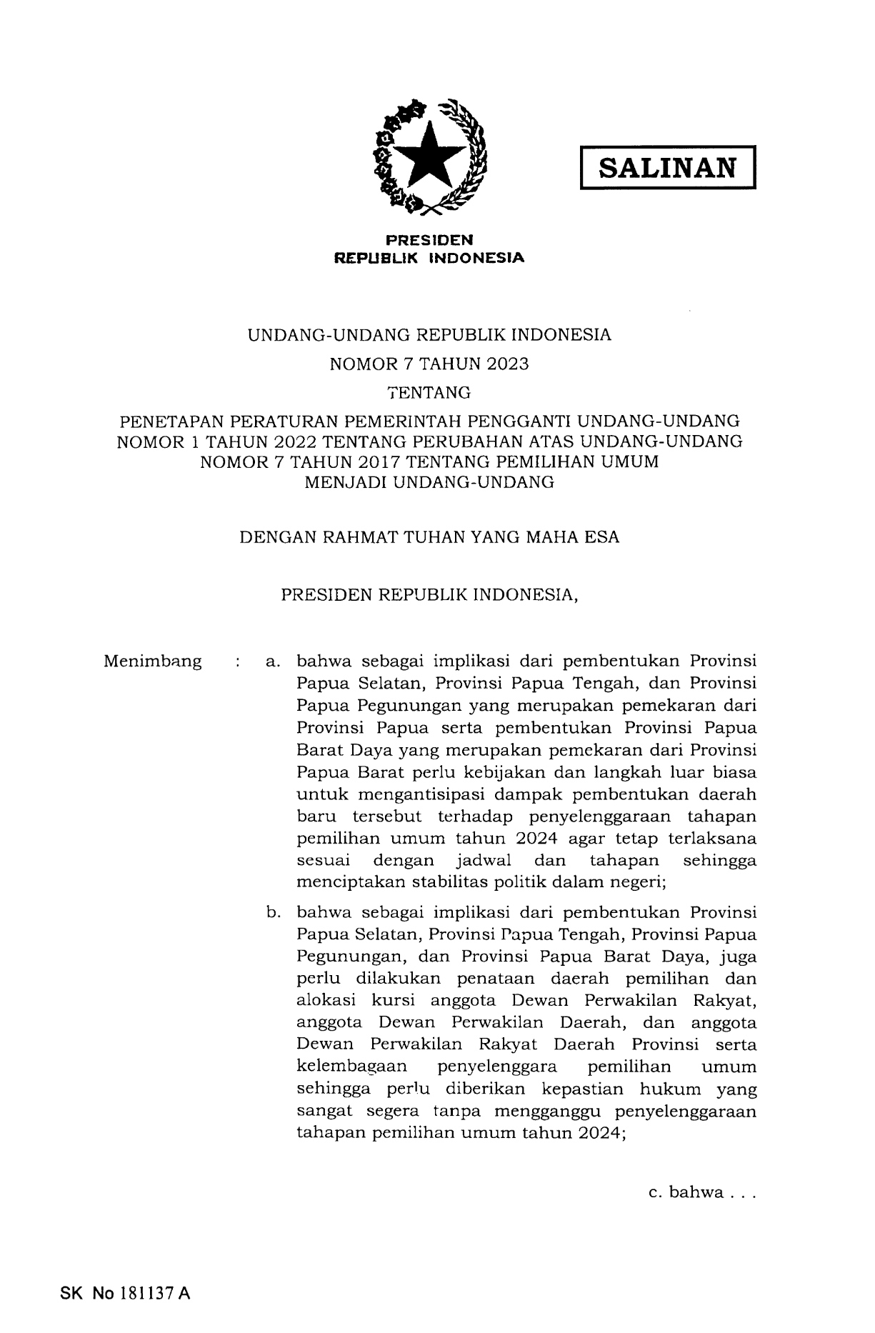 Undang-Undang Nomor 7 Tahun 2023