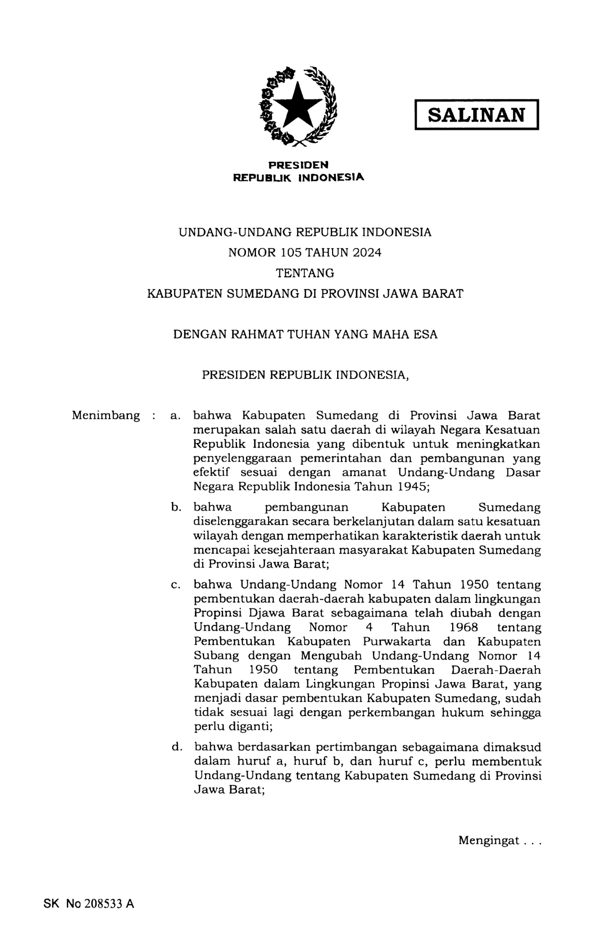 Undang-Undang Nomor 105 Tahun 2024