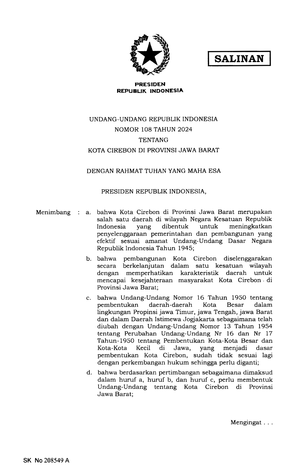 Undang-Undang Nomor 108 Tahun 2024