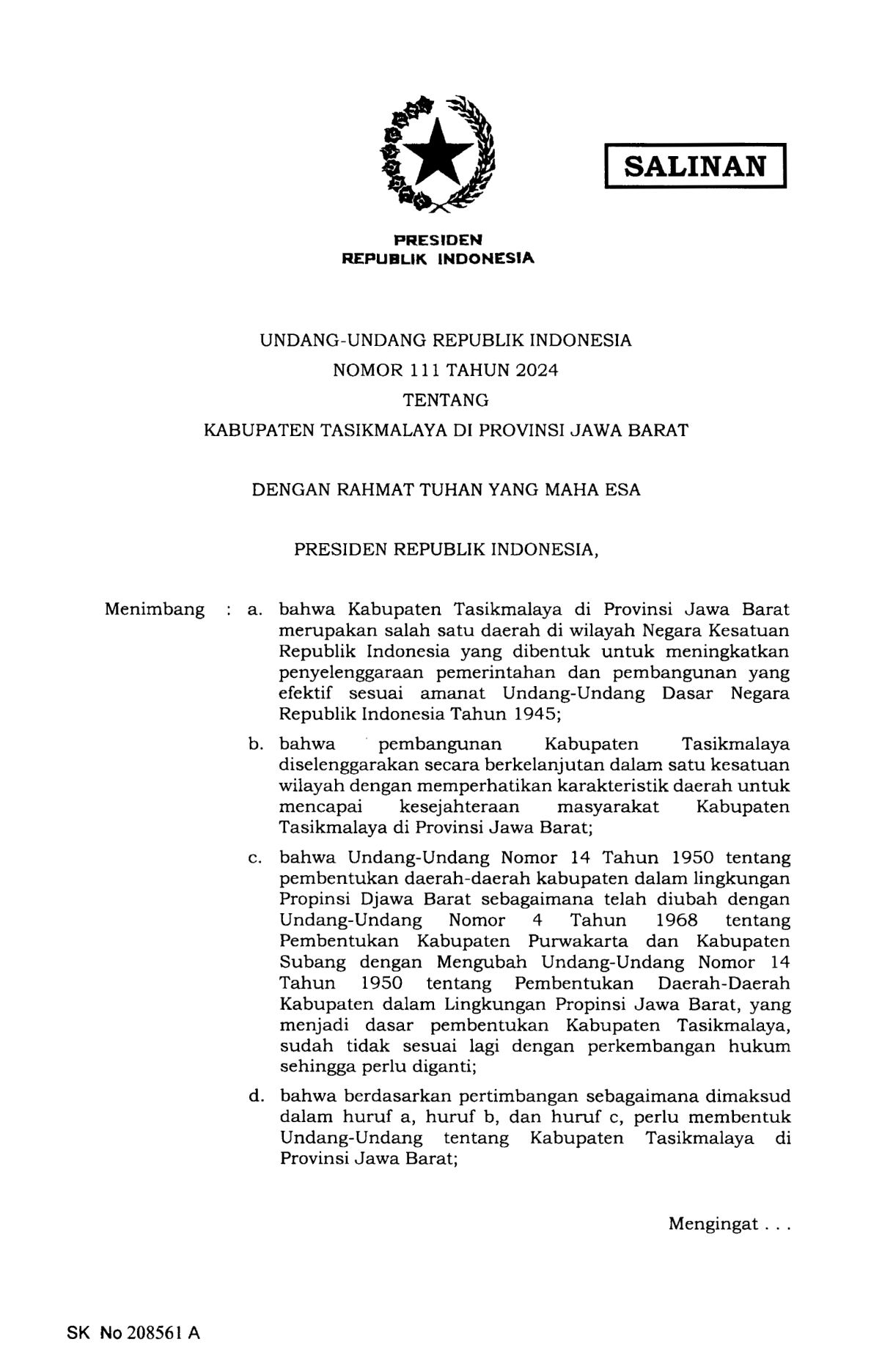 Undang-Undang Nomor 111 Tahun 2024