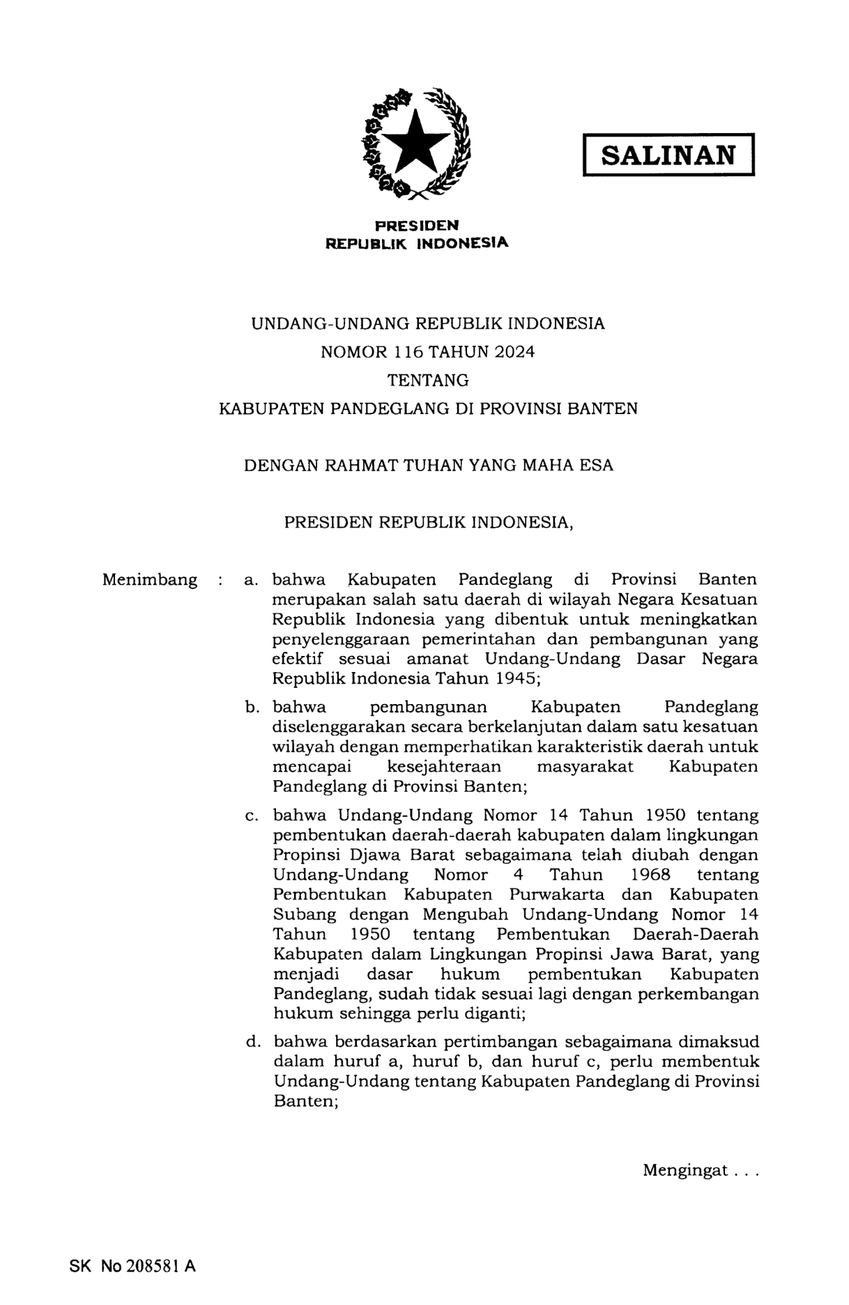 Undang-Undang Nomor 116 Tahun 2024