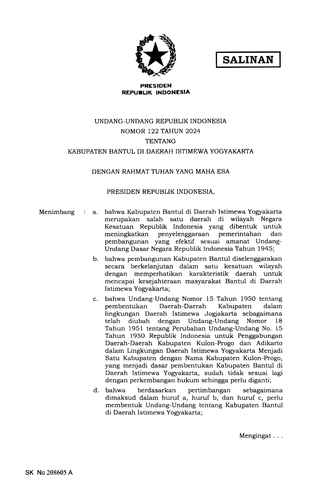 Undang-Undang Nomor 122 Tahun 2024