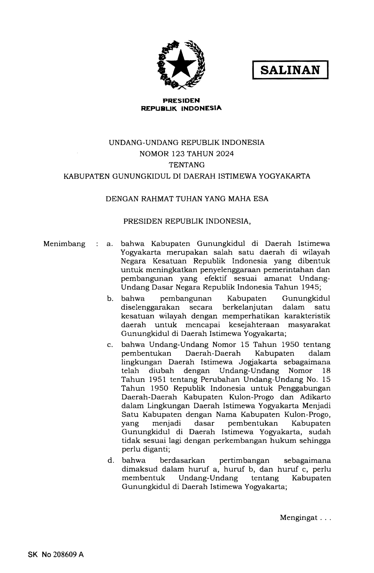 Undang-Undang Nomor 123 Tahun 2024