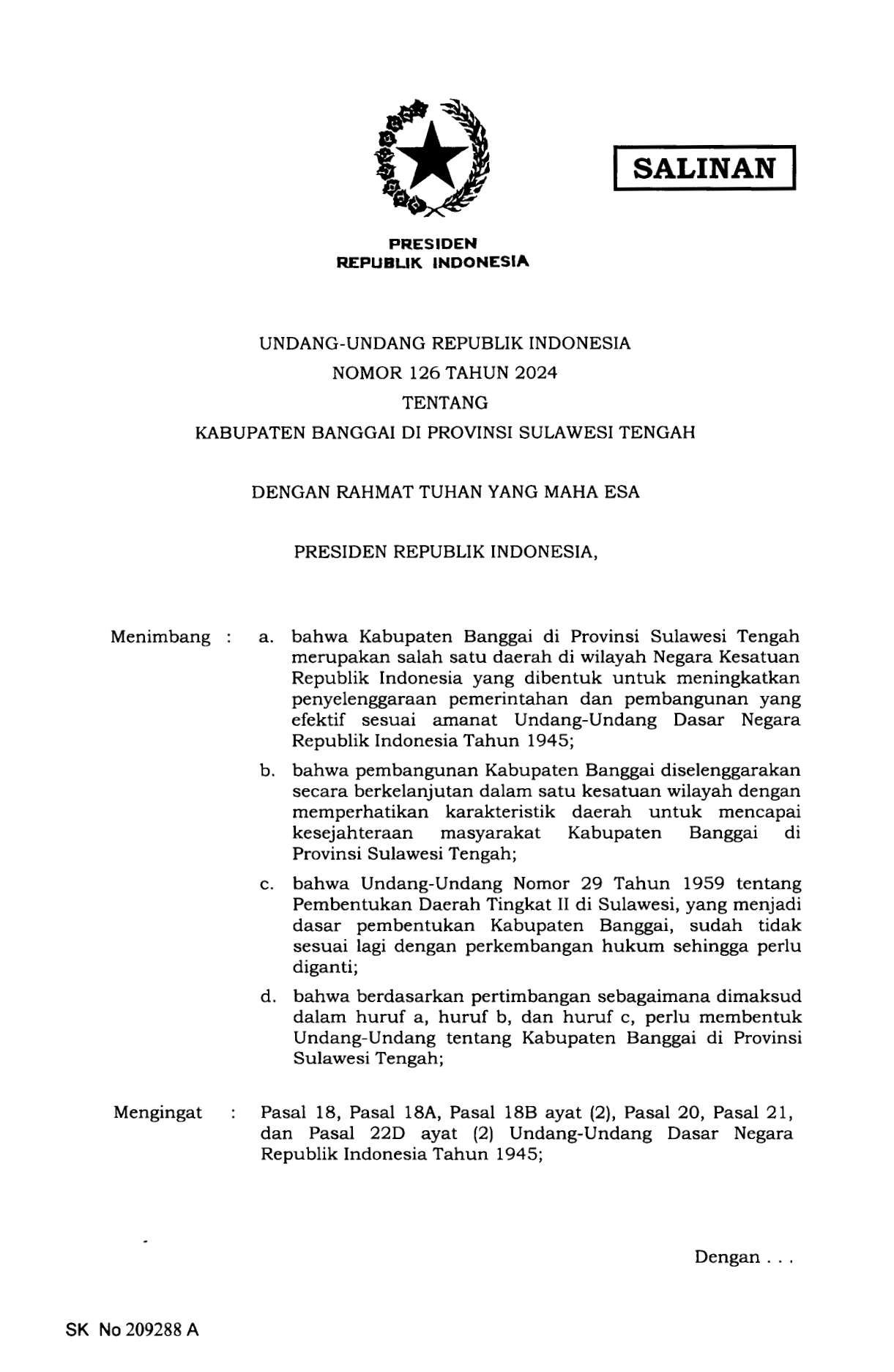 Undang-Undang Nomor 126 Tahun 2024