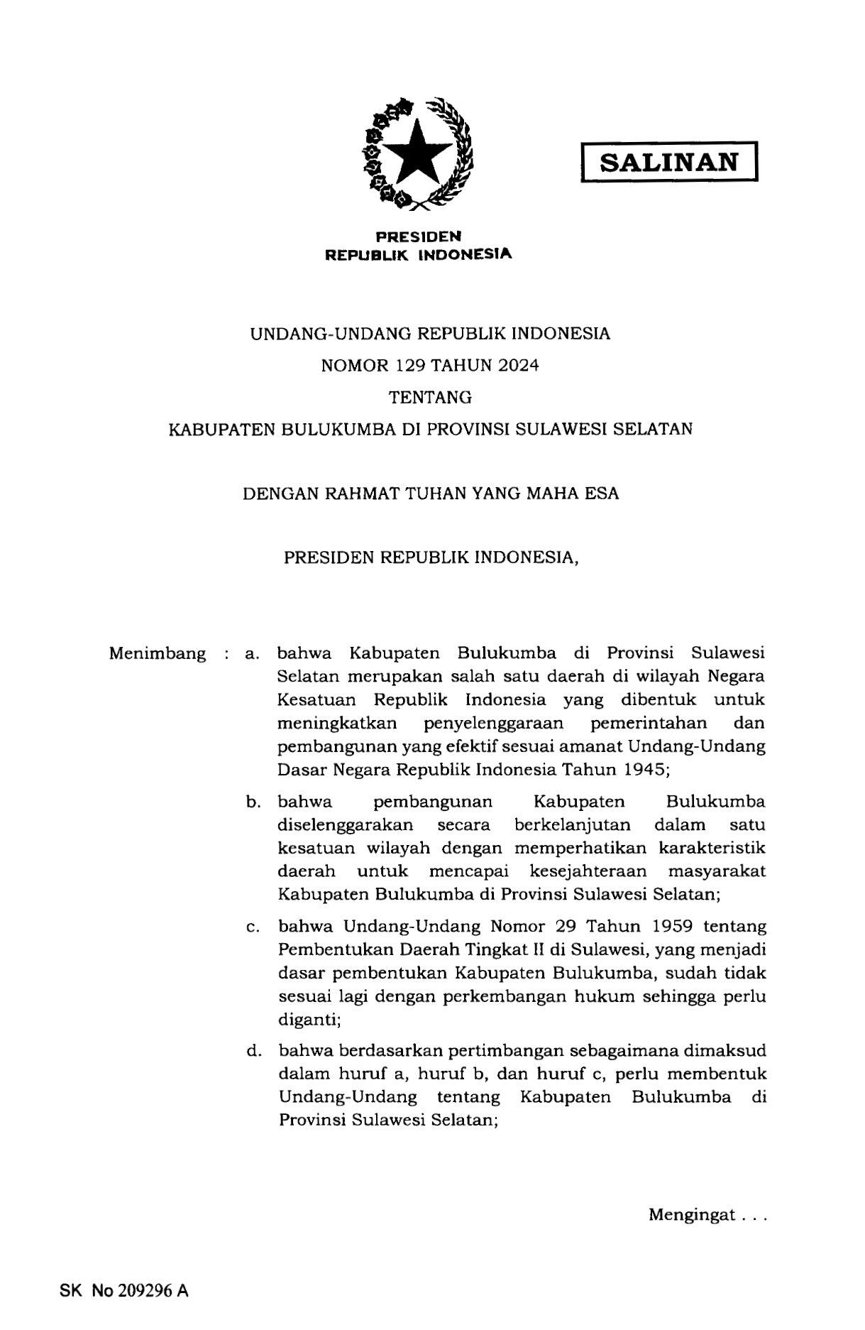 Undang-Undang Nomor 129 Tahun 2024