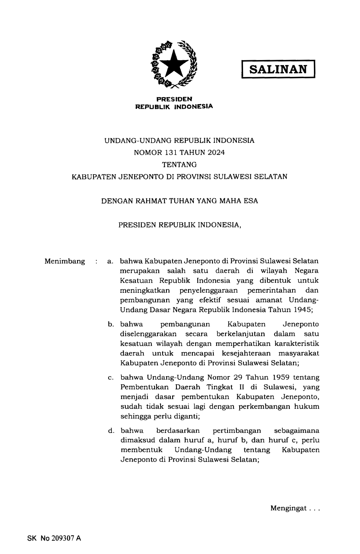 Undang-Undang Nomor 131 Tahun 2024