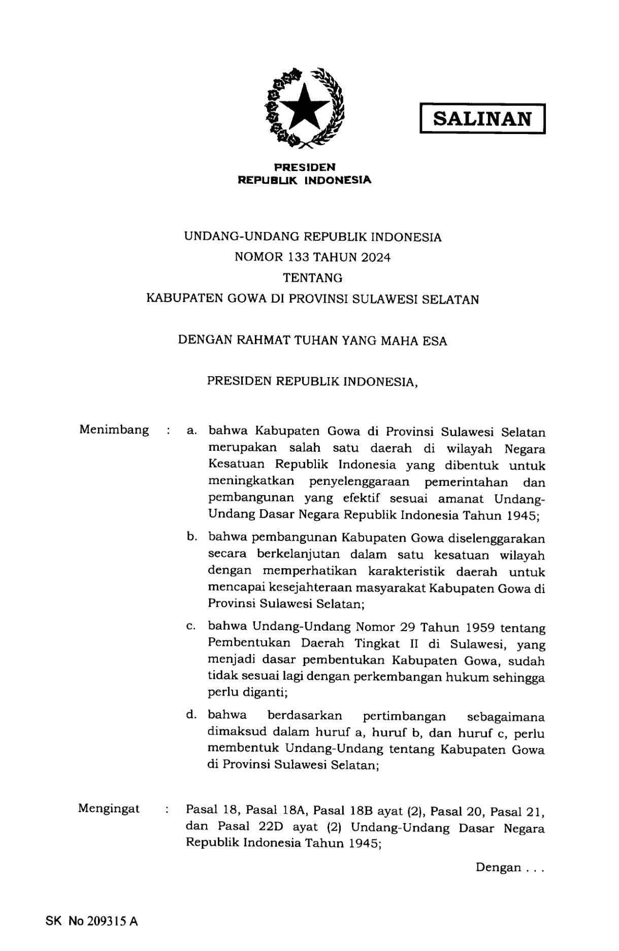Undang-Undang Nomor 133 Tahun 2024