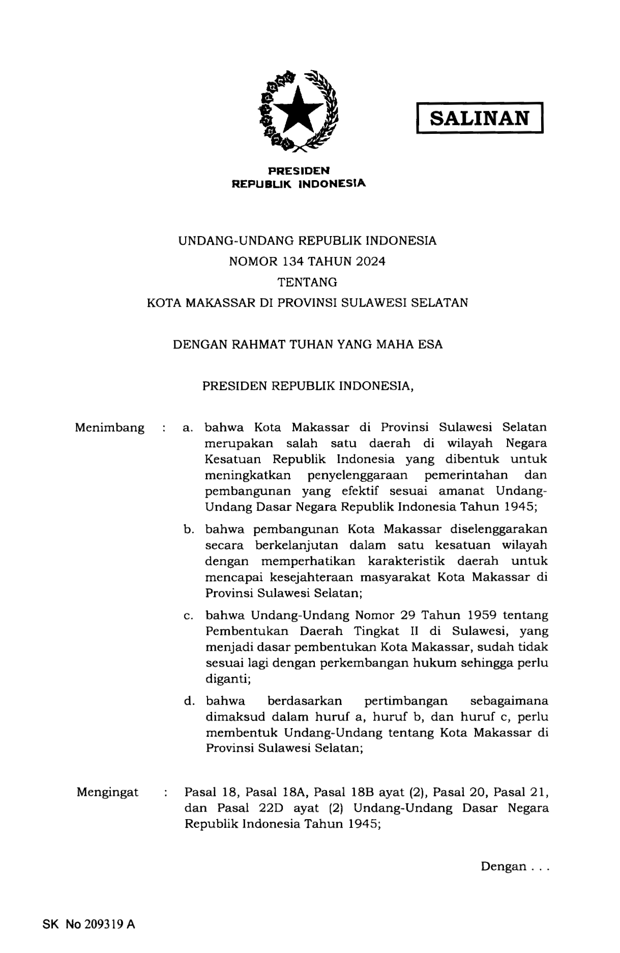 Undang-Undang Nomor 134 Tahun 2024