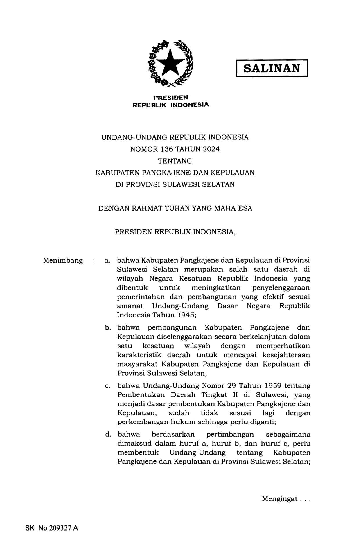 Undang-Undang Nomor 136 Tahun 2024