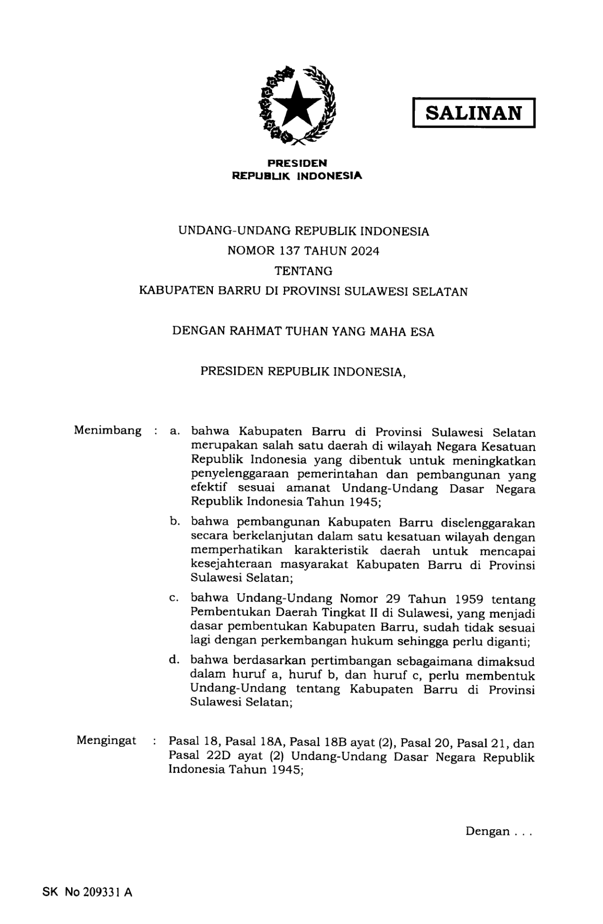 Undang-Undang Nomor 137 Tahun 2024