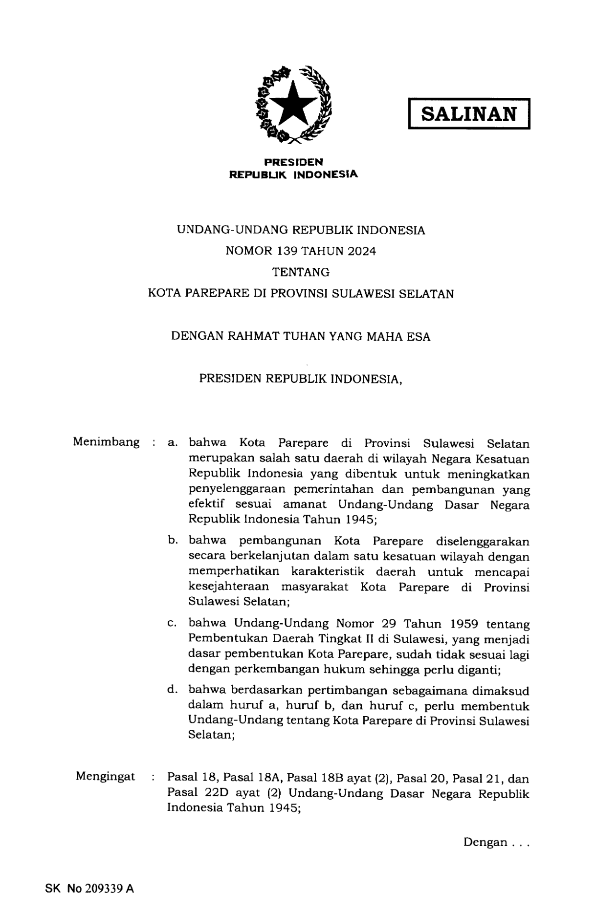 Undang-Undang Nomor 139 Tahun 2024