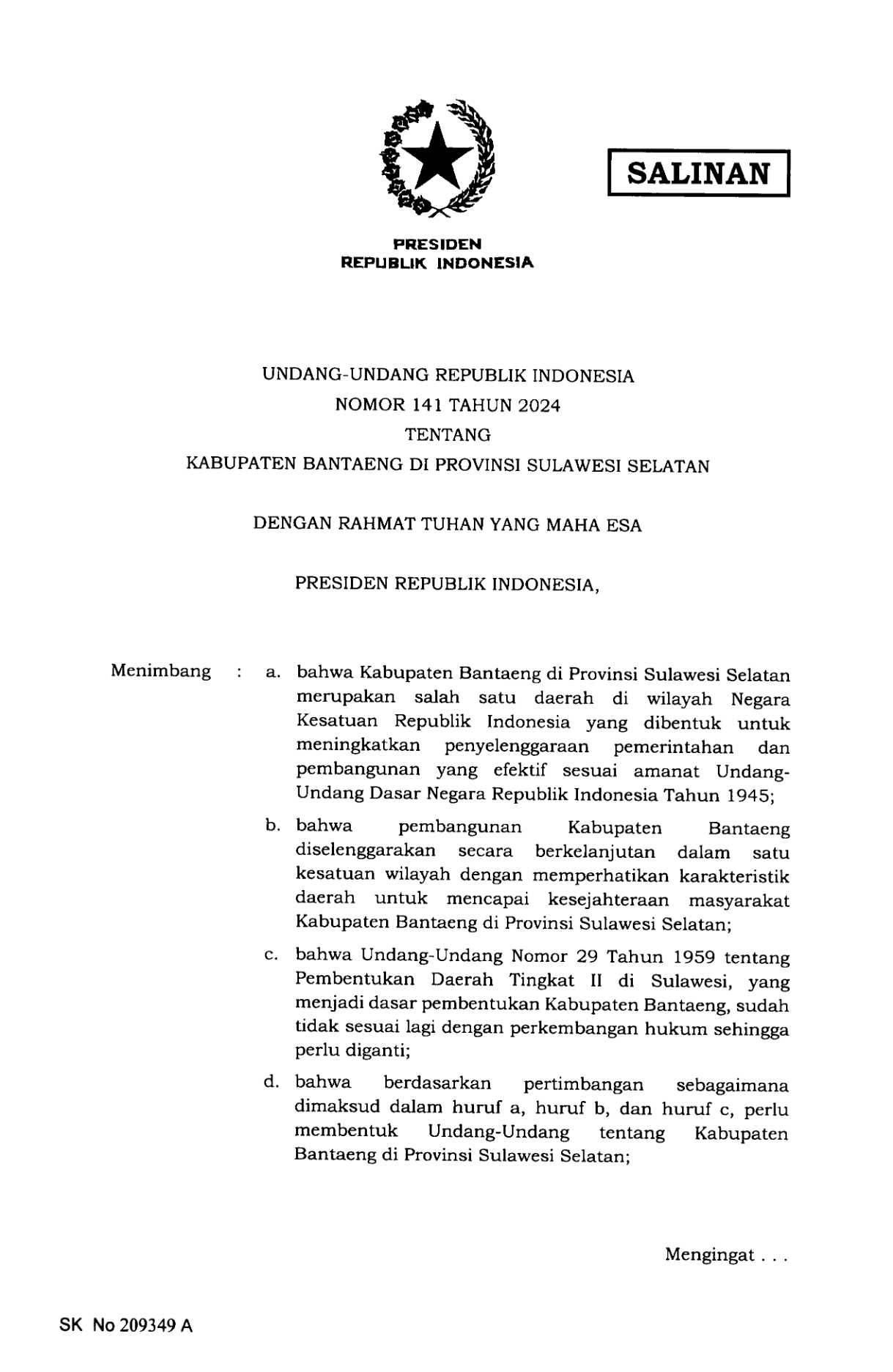 Undang-Undang Nomor 141 Tahun 2024