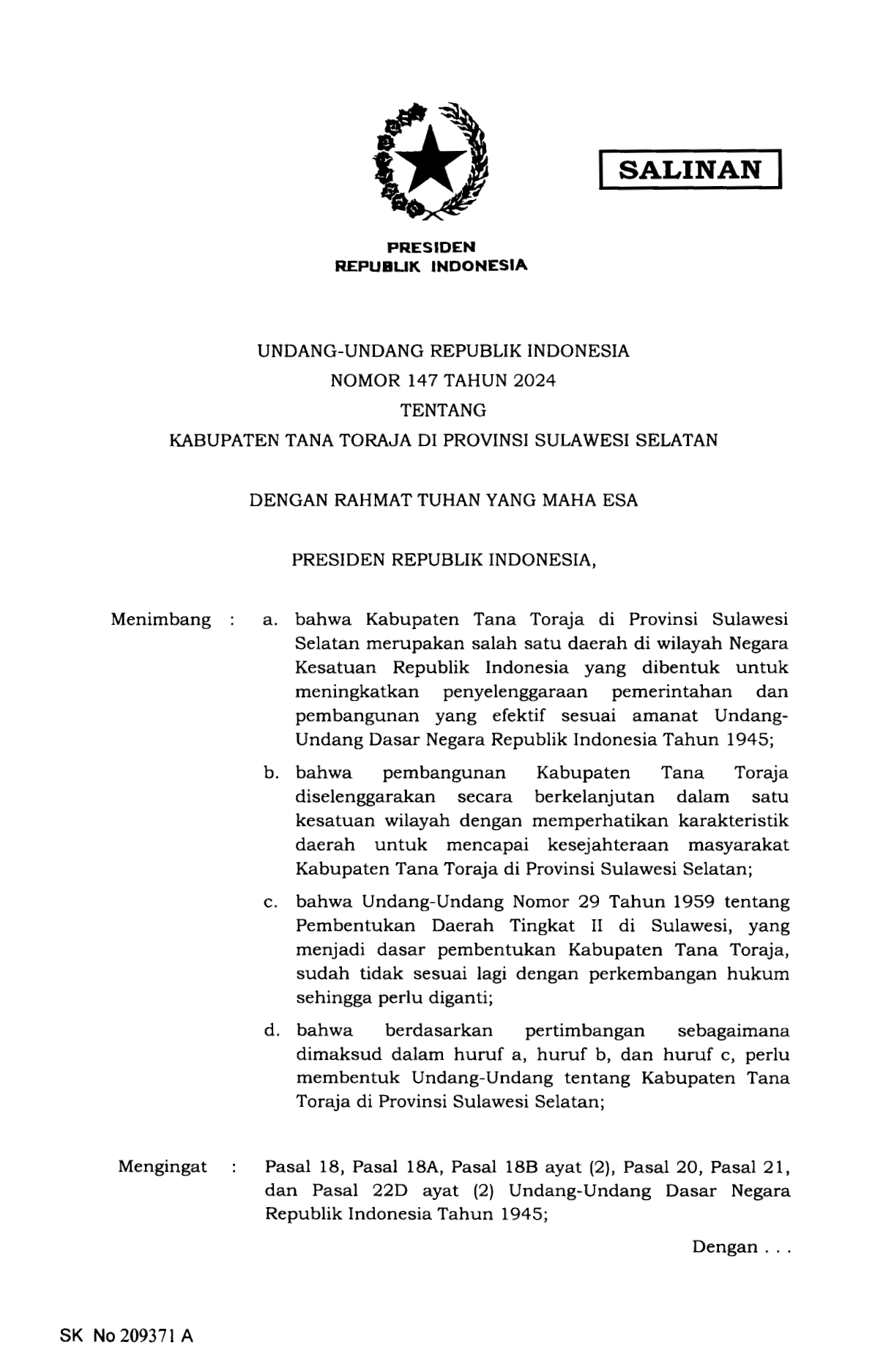Undang-Undang Nomor 147 Tahun 2024