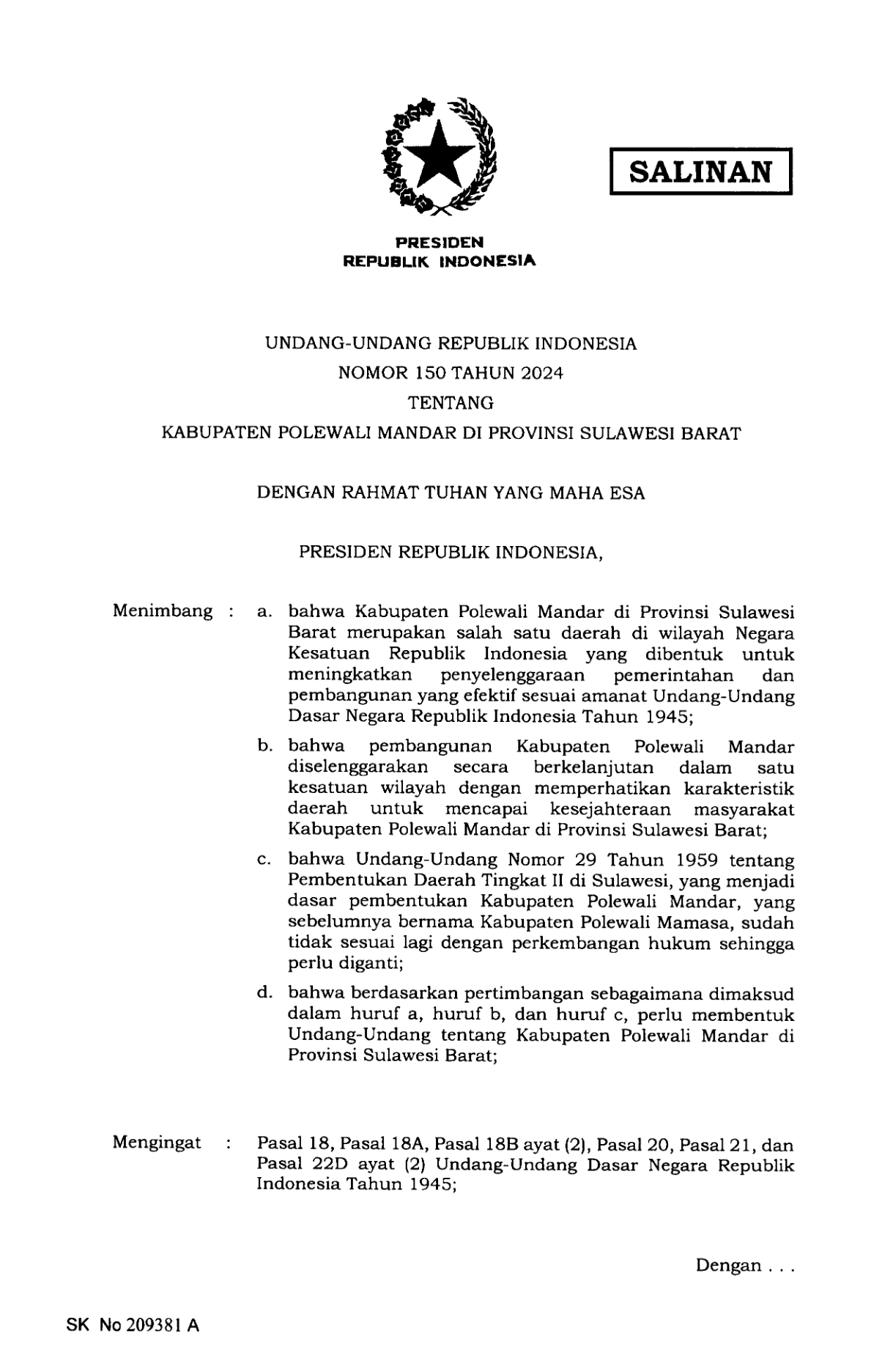 Undang-Undang Nomor 150 Tahun 2024