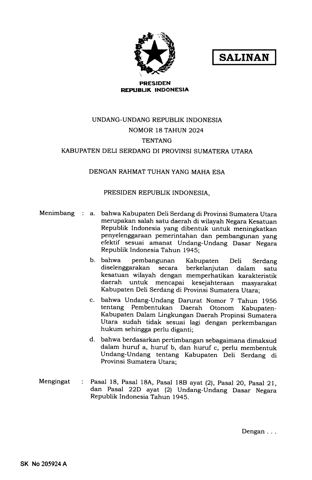 Undang-Undang Nomor 18 Tahun 2024