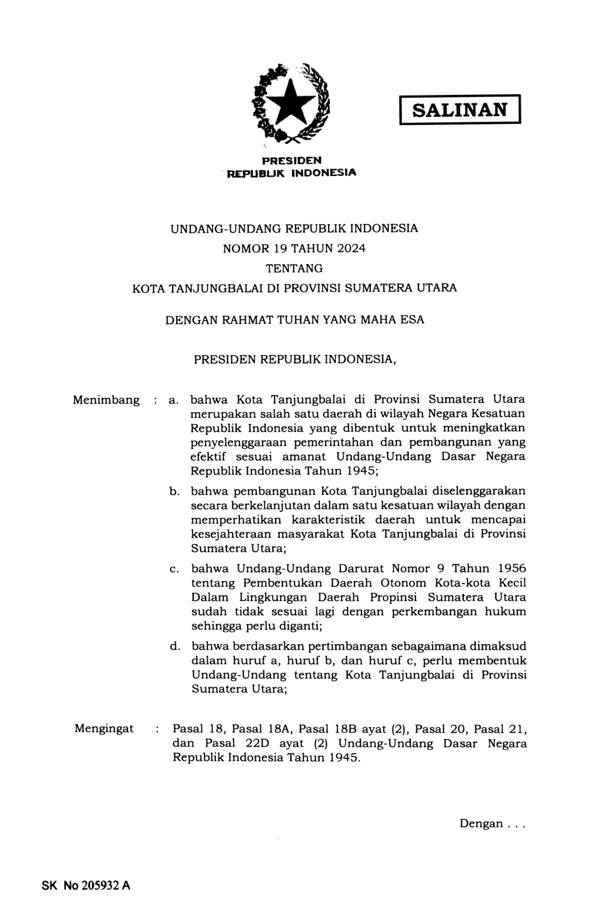 Undang-Undang Nomor 19 Tahun 2024
