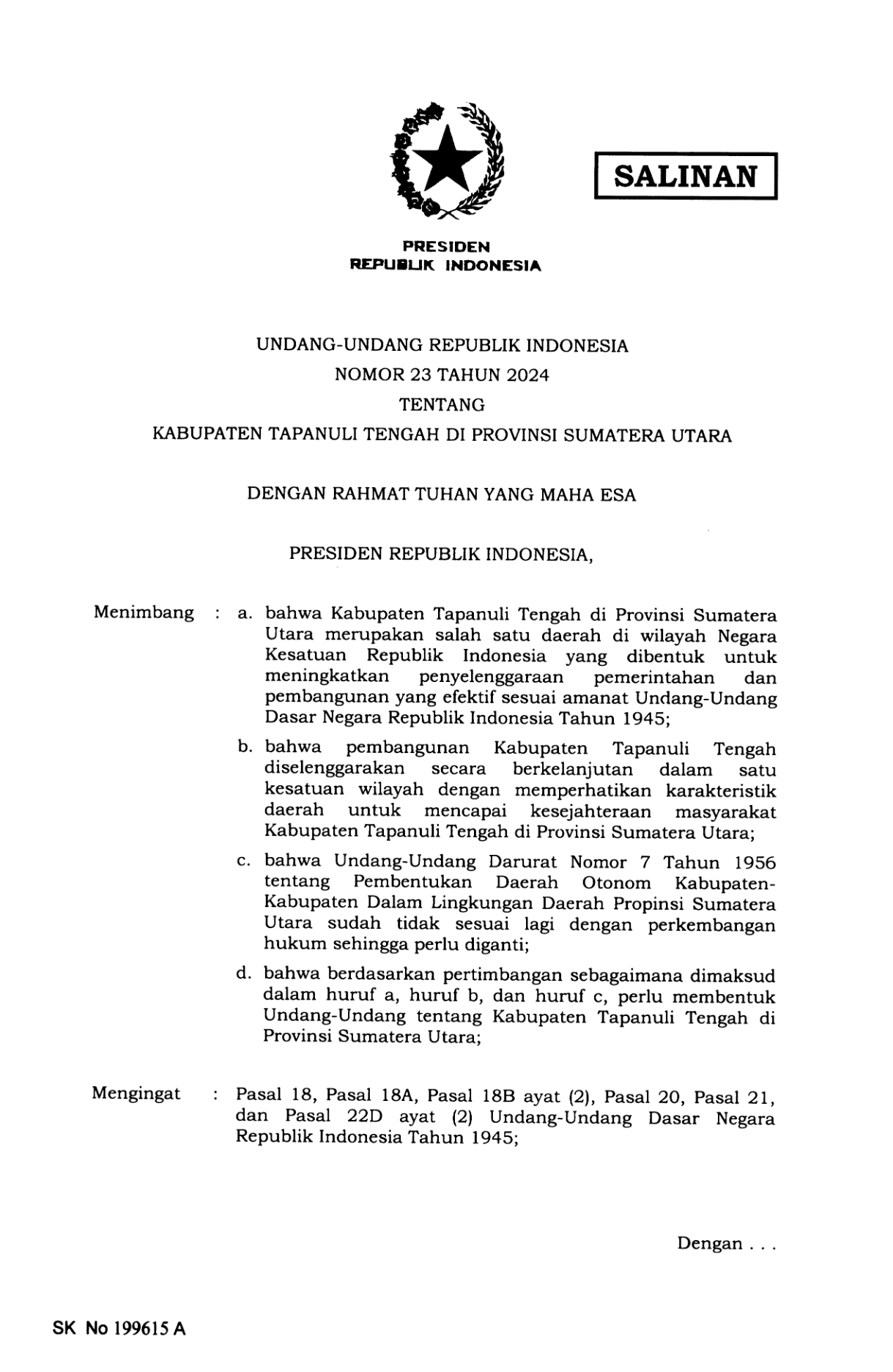 Undang-Undang Nomor 23 Tahun 2024