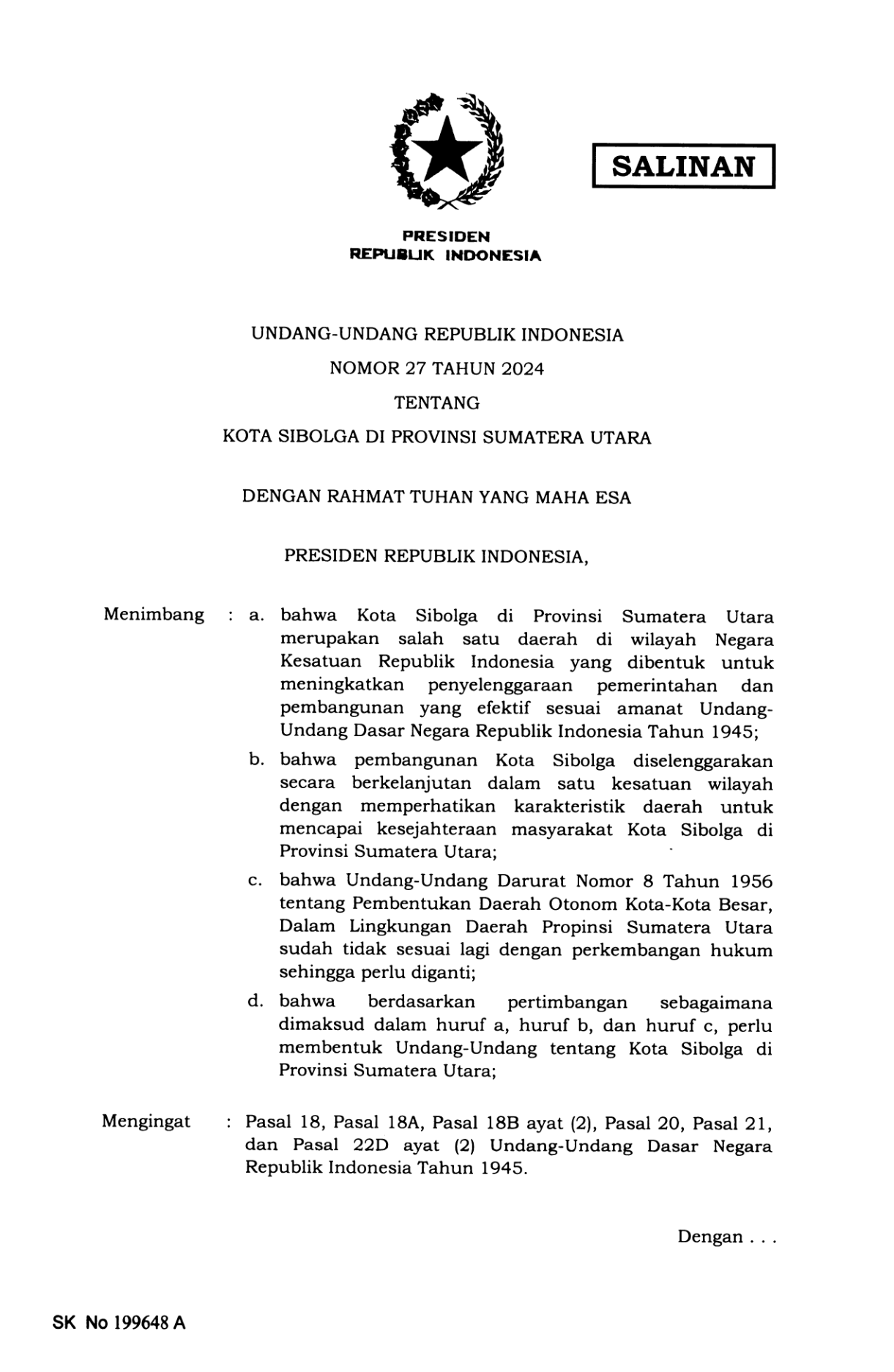 Undang-Undang Nomor 27 Tahun 2024