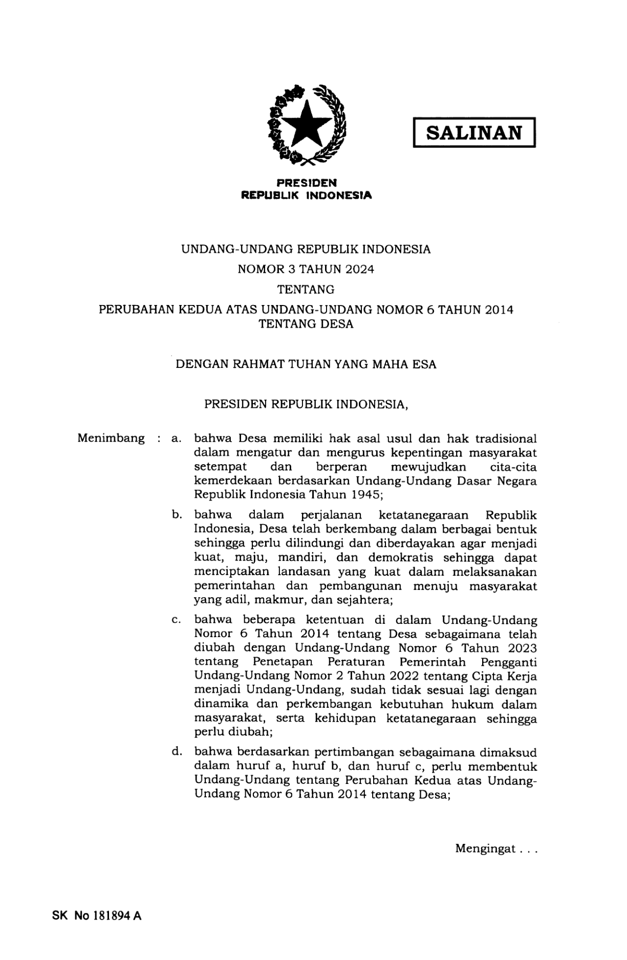Undang-Undang Nomor 3 Tahun 2024