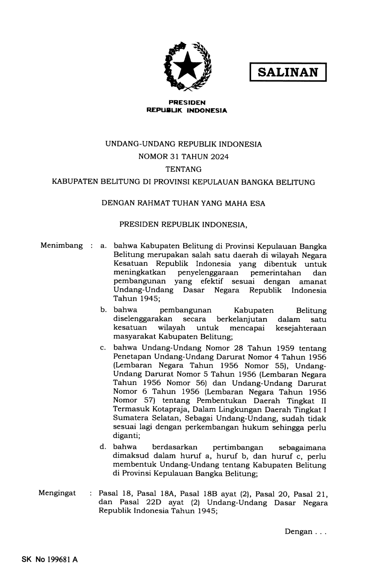 Undang-Undang Nomor 31 Tahun 2024