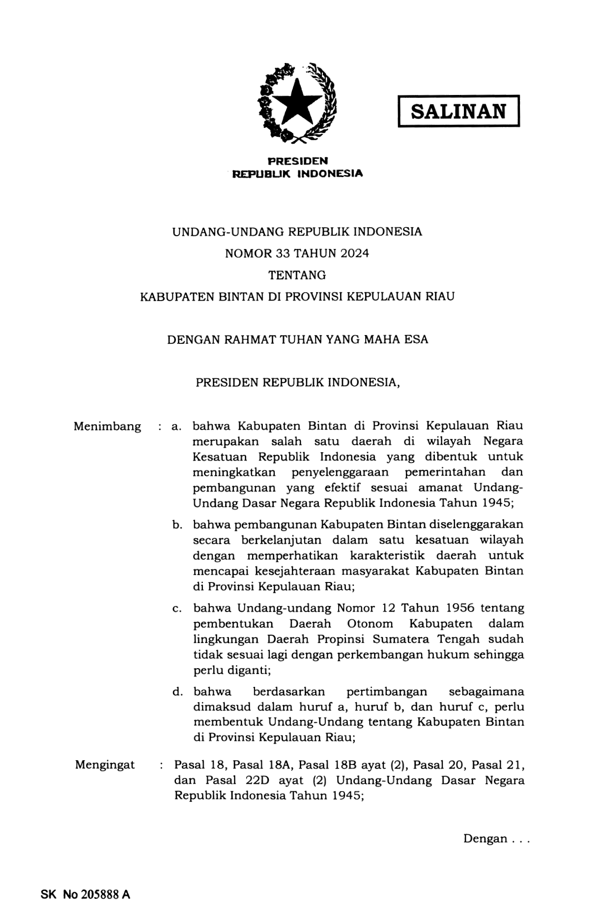 Undang-Undang Nomor 33 Tahun 2024