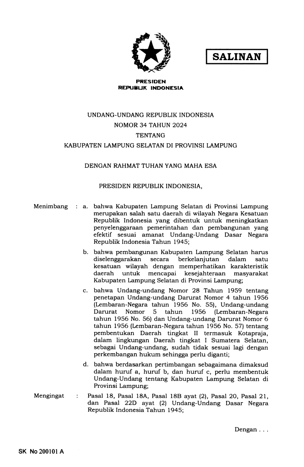 Undang-Undang Nomor 34 Tahun 2024