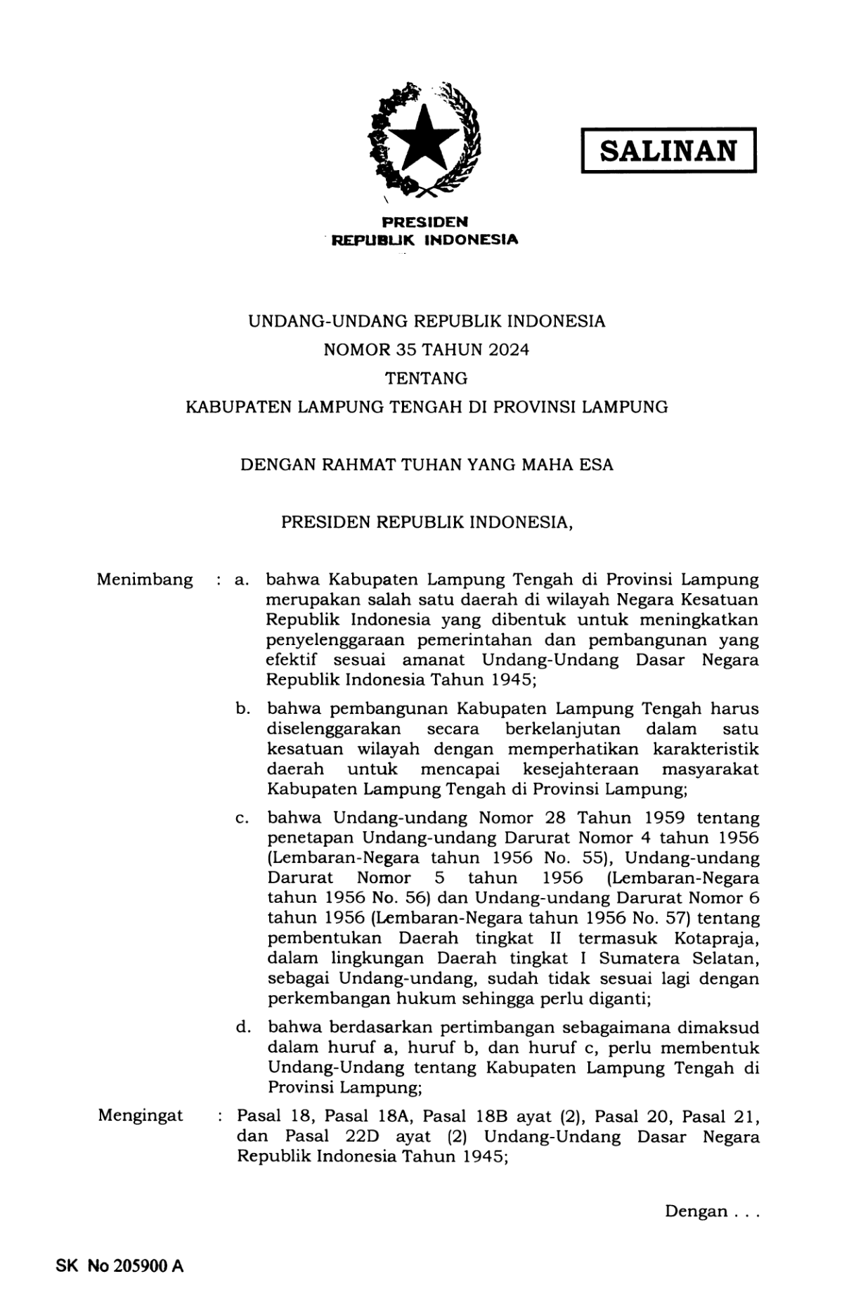 Undang-Undang Nomor 35 Tahun 2024