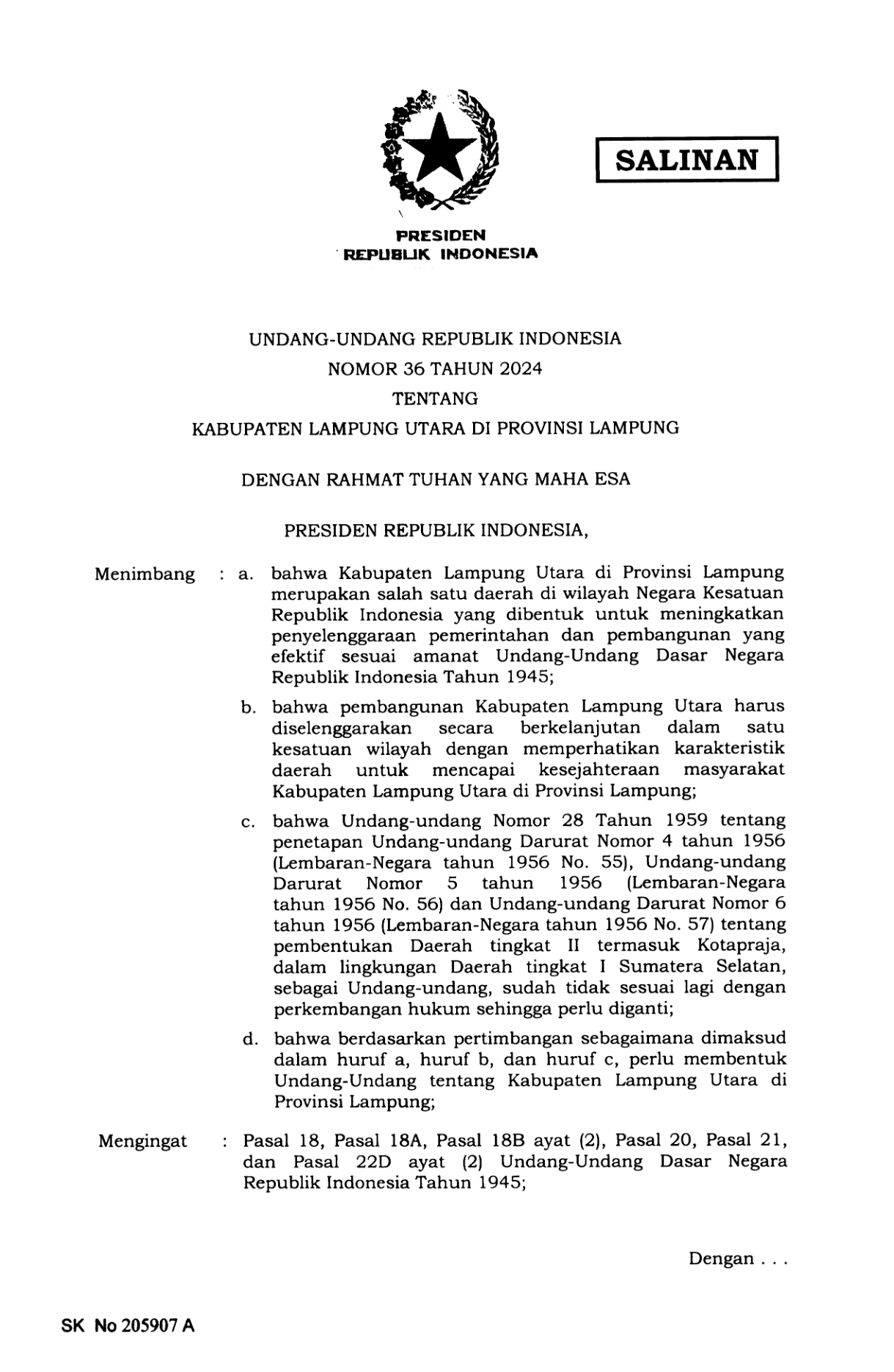 Undang-Undang Nomor 36 Tahun 2024