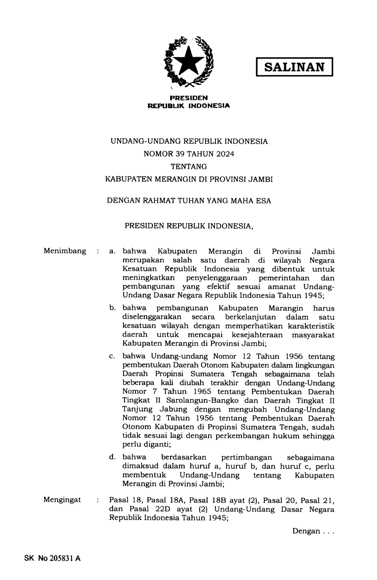 Undang-Undang Nomor 39 Tahun 2024