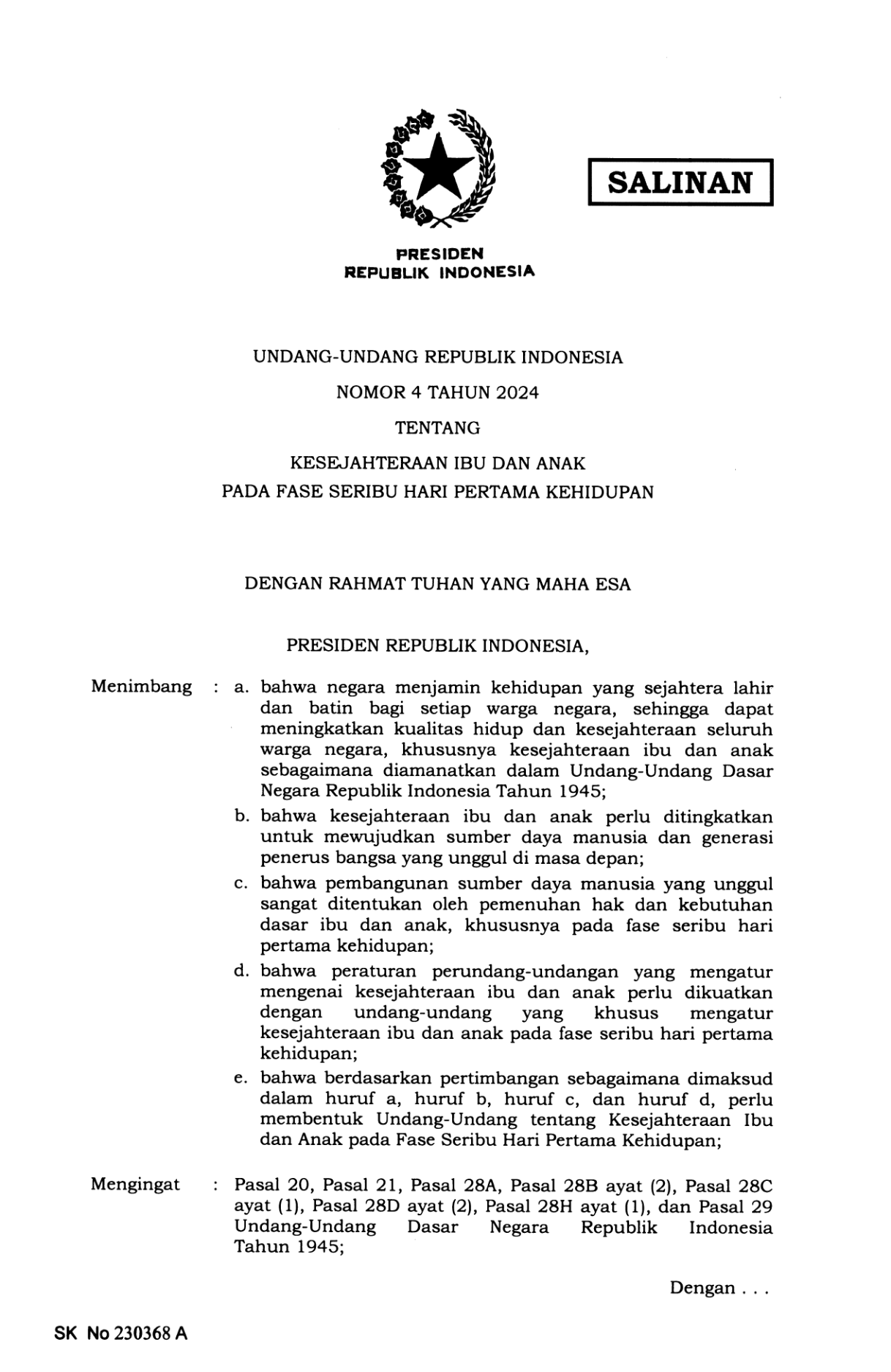 Undang-Undang Nomor 4 Tahun 2024