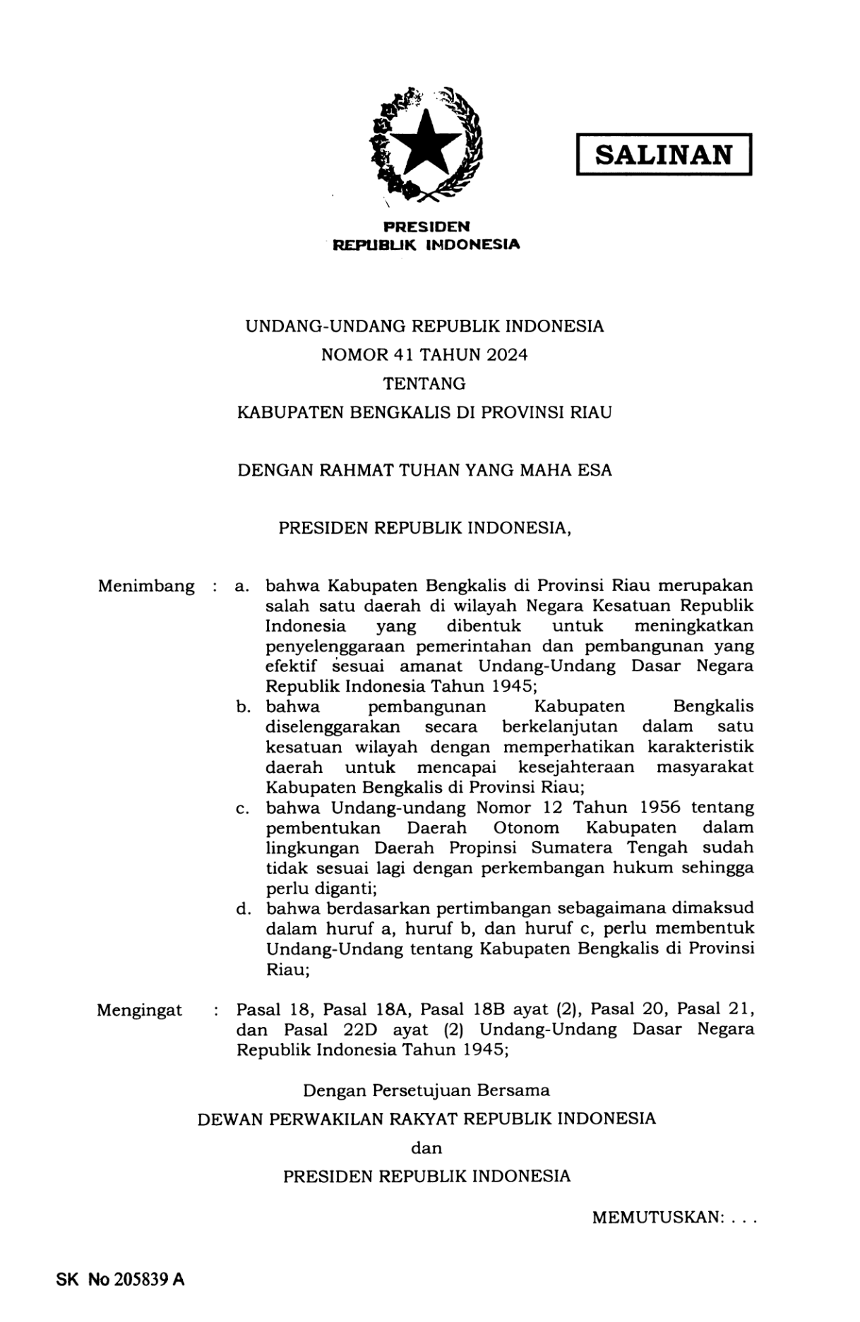 Undang-Undang Nomor 41 Tahun 2024