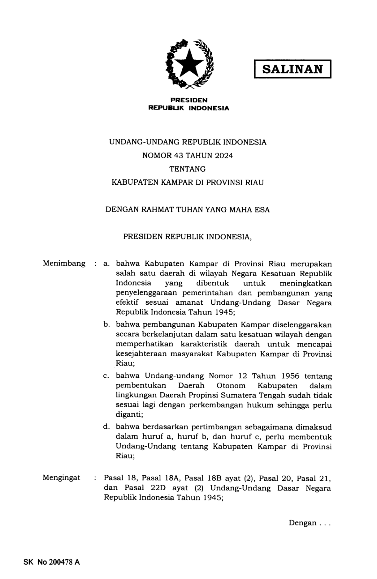 Undang-Undang Nomor 43 Tahun 2024