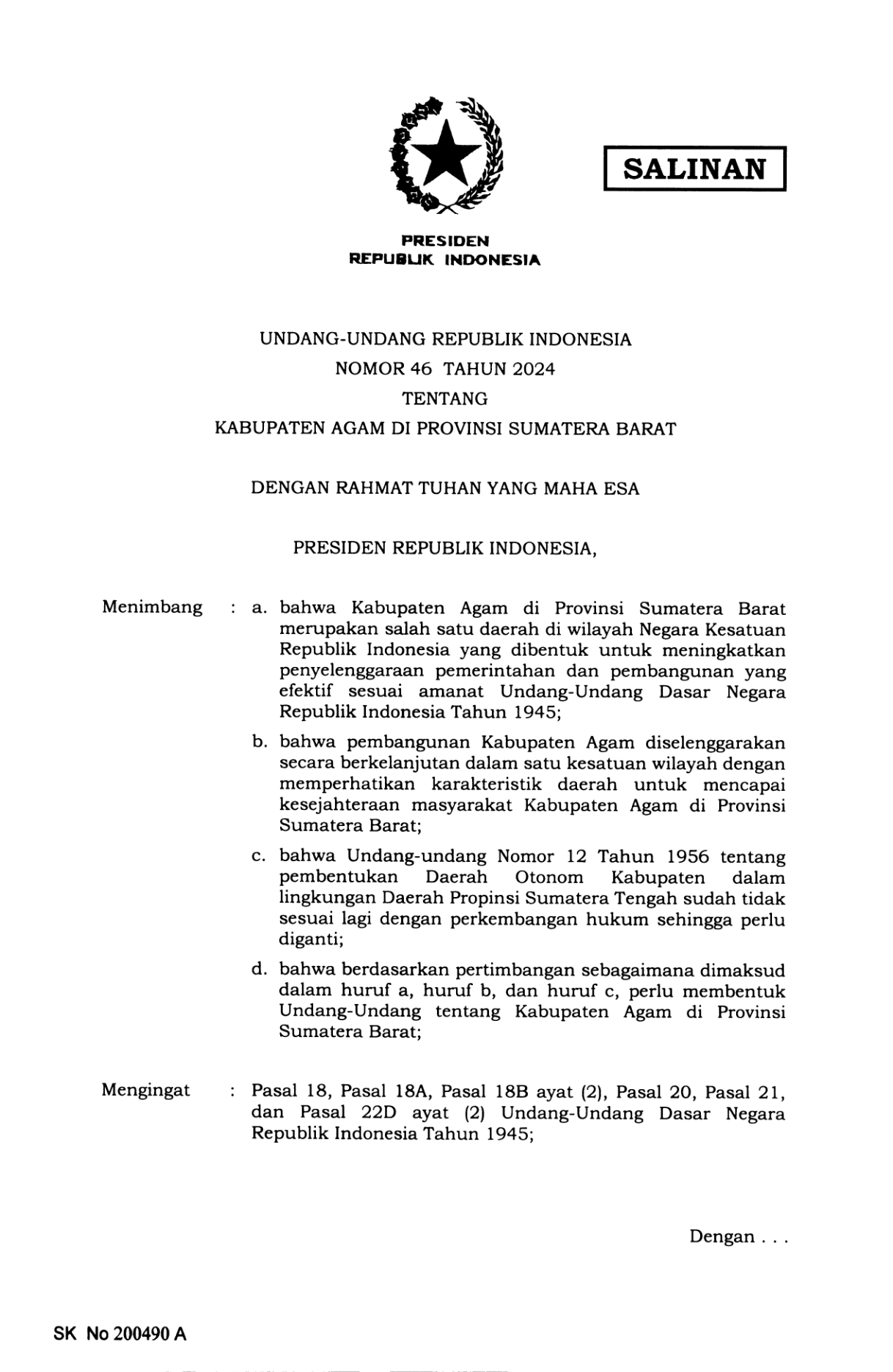 Undang-Undang Nomor 46 Tahun 2024