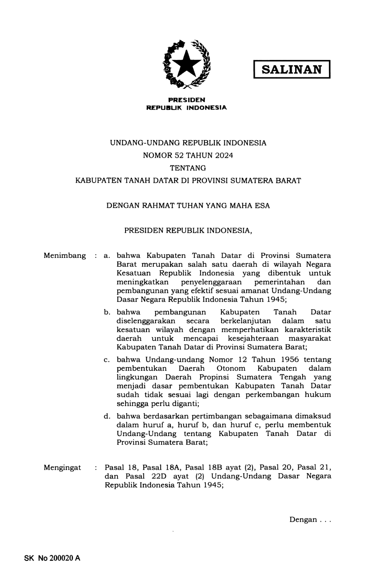 Undang-Undang Nomor 52 Tahun 2024