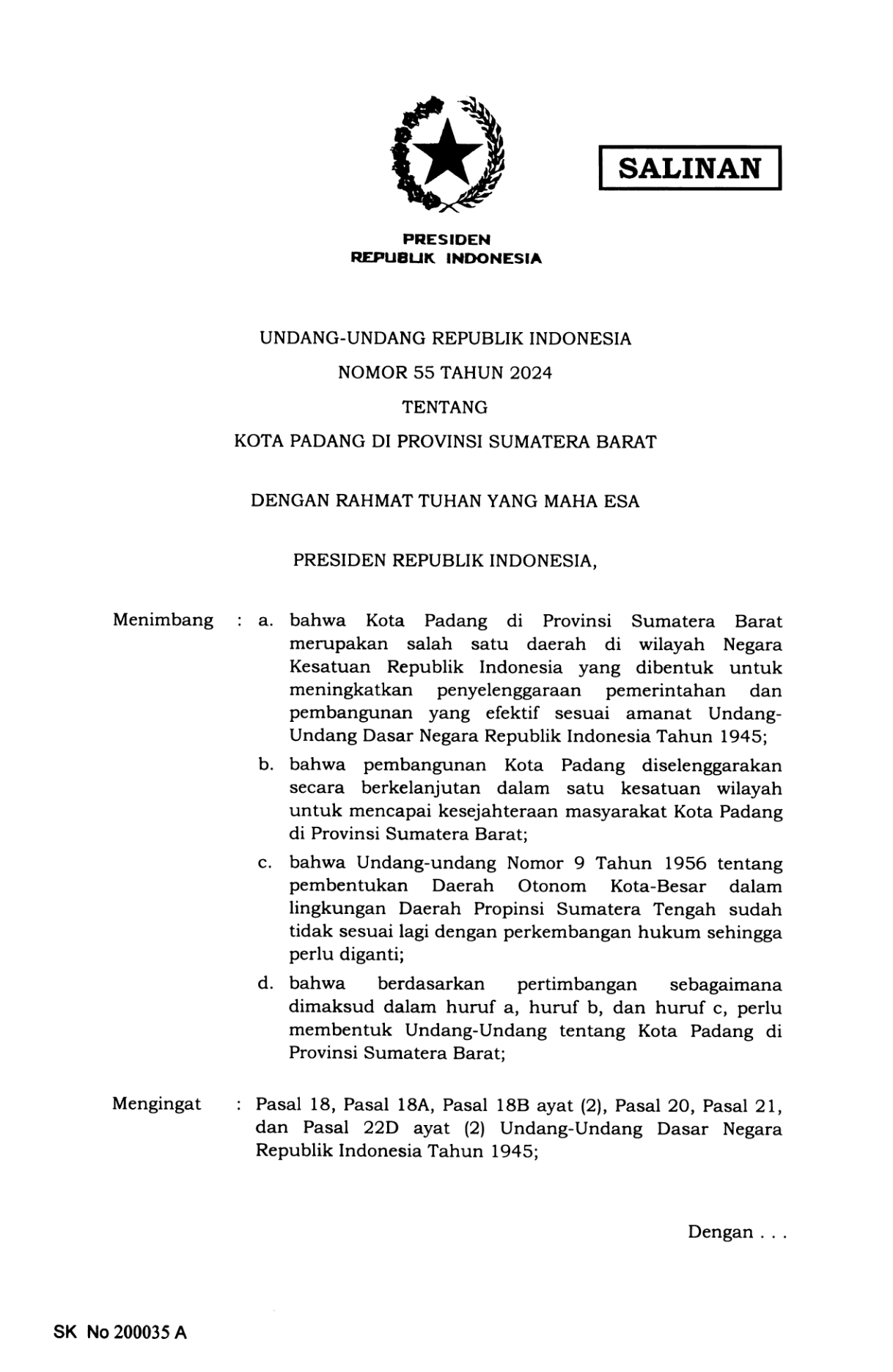 Undang-Undang Nomor 55 Tahun 2024