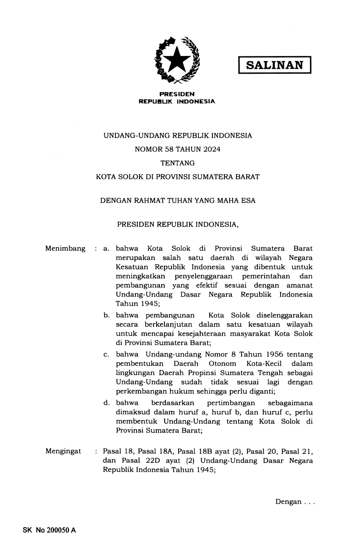 Undang-Undang Nomor 58 Tahun 2024