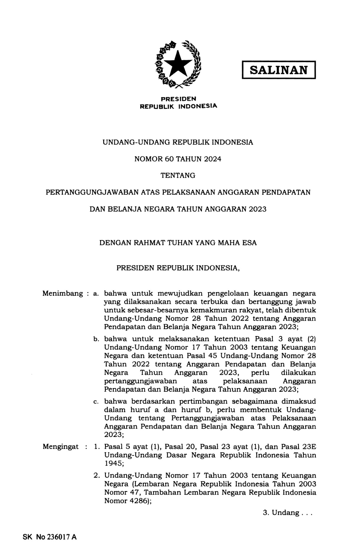 Undang-Undang Nomor 60 Tahun 2024