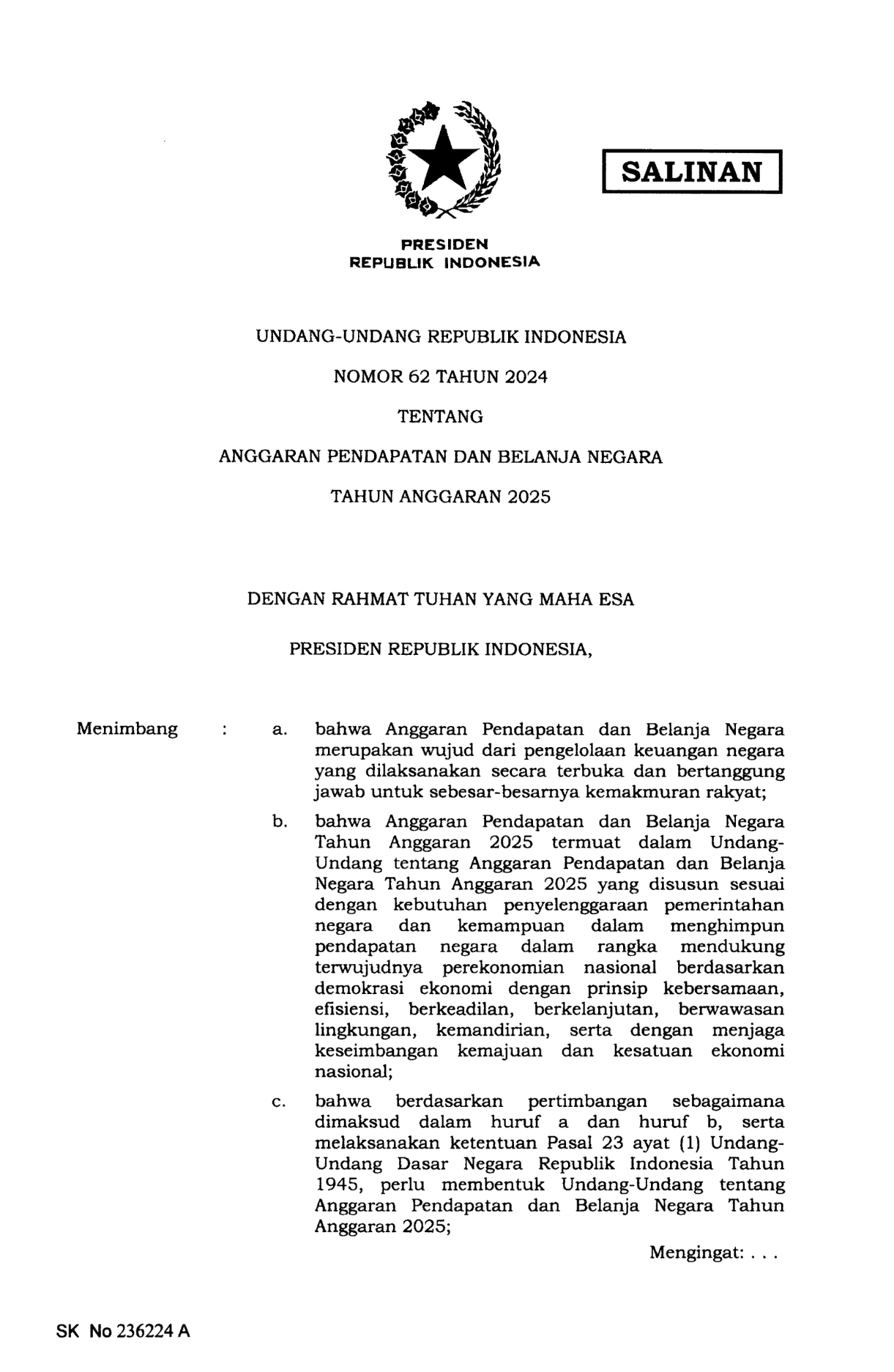 Undang-Undang Nomor 62 Tahun 2024