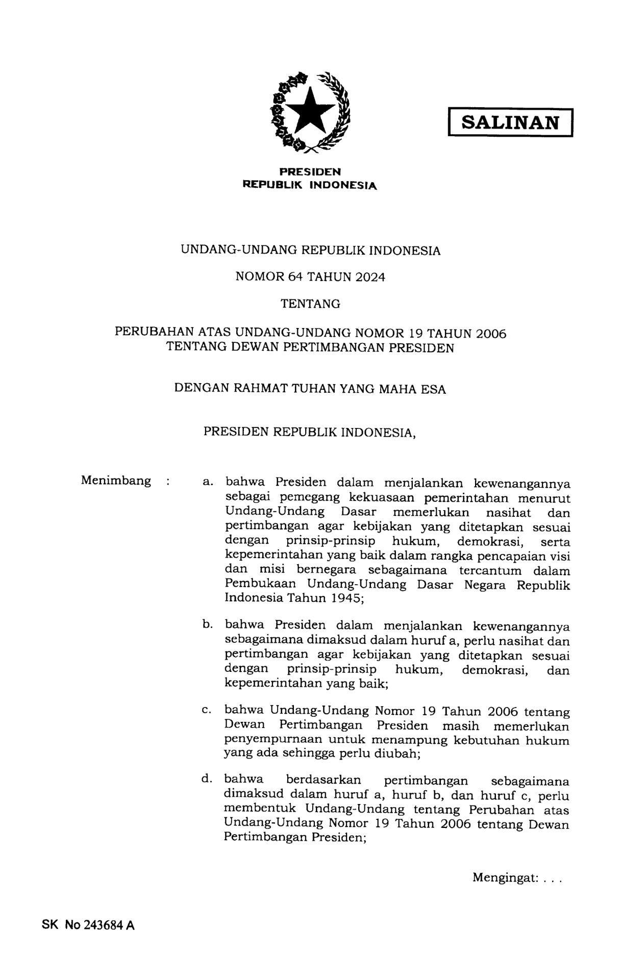 Undang-Undang Nomor 64 Tahun 2024