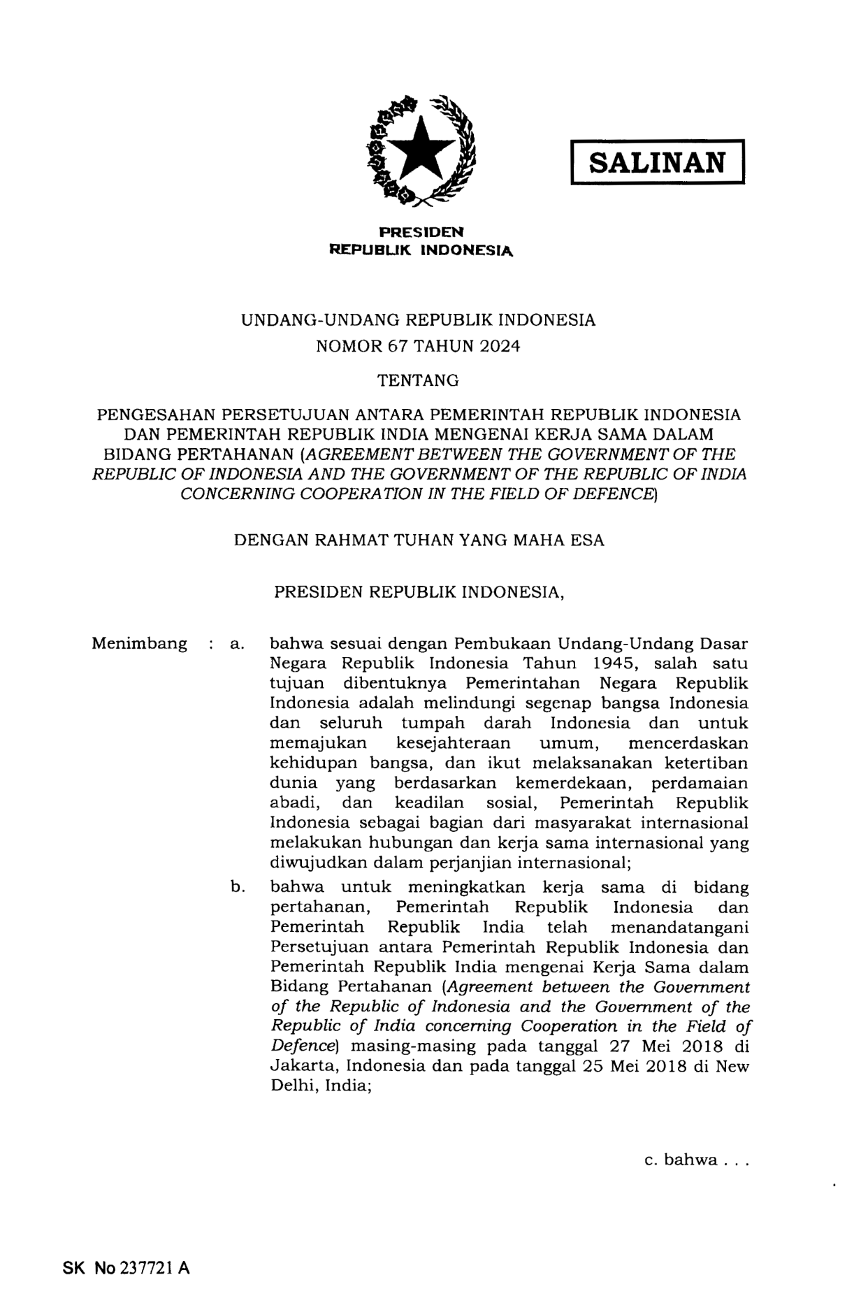 Undang-Undang Nomor 67 Tahun 2024