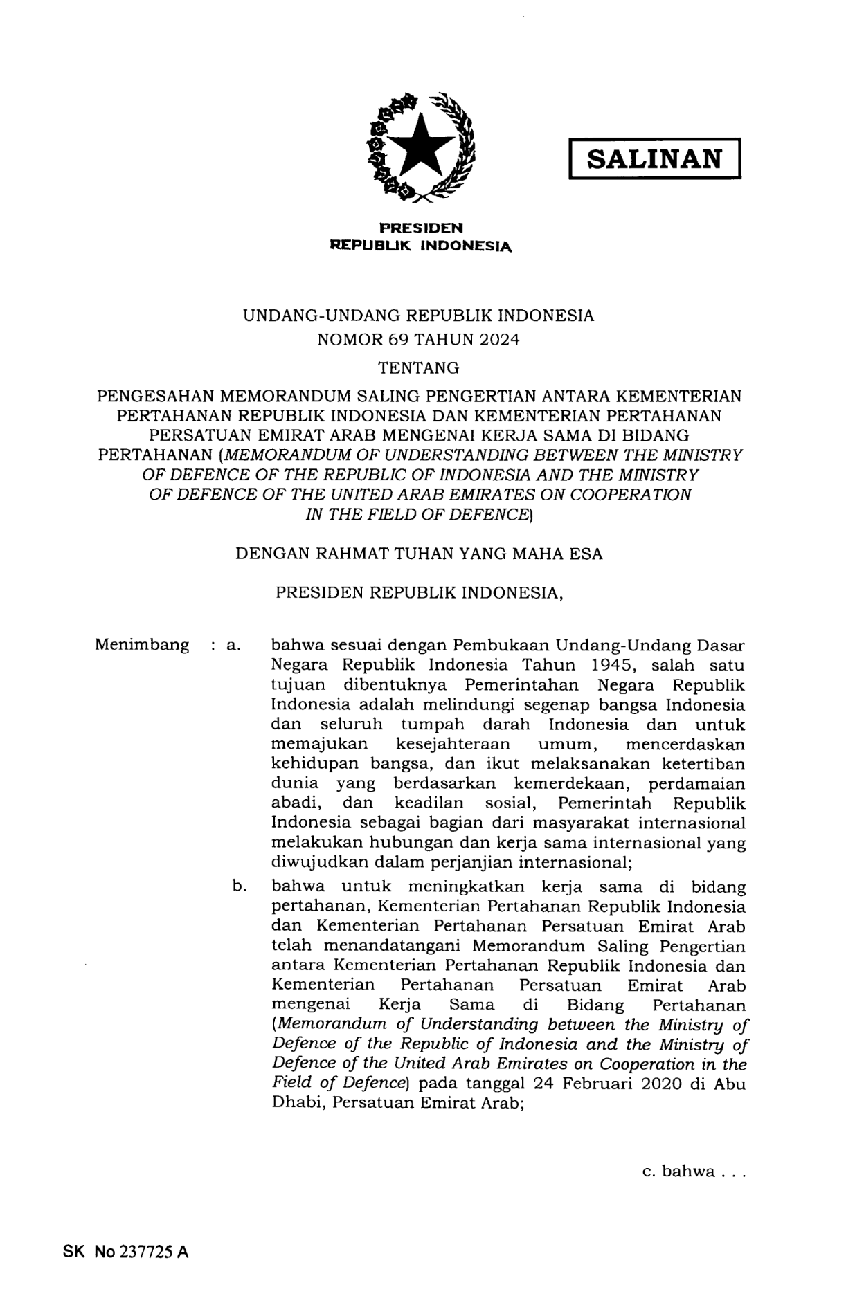 Undang-Undang Nomor 69 Tahun 2024