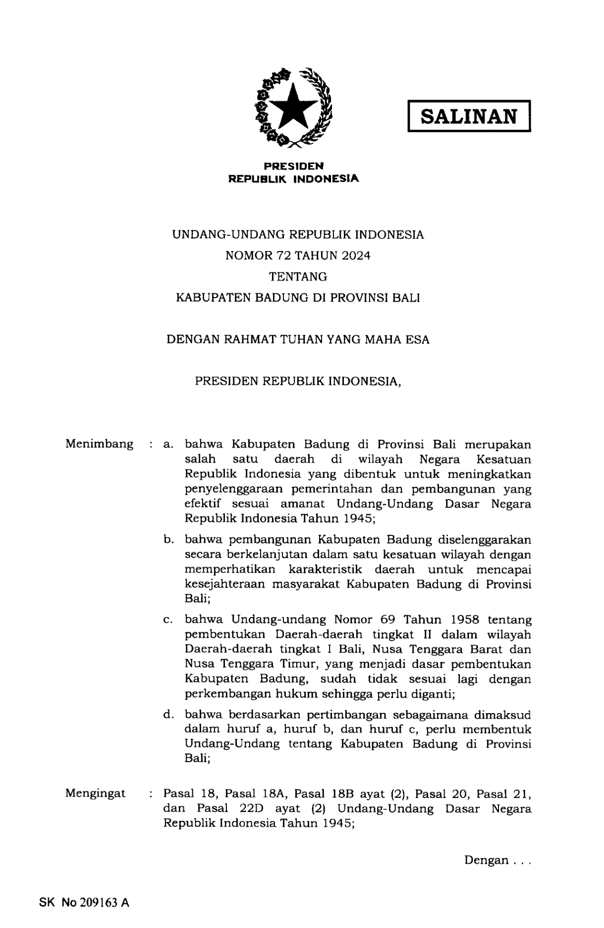 Undang-Undang Nomor 72 Tahun 2024